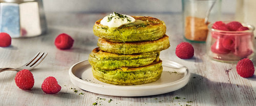 Vegan pancakes with matcha, lemon and rice syrup