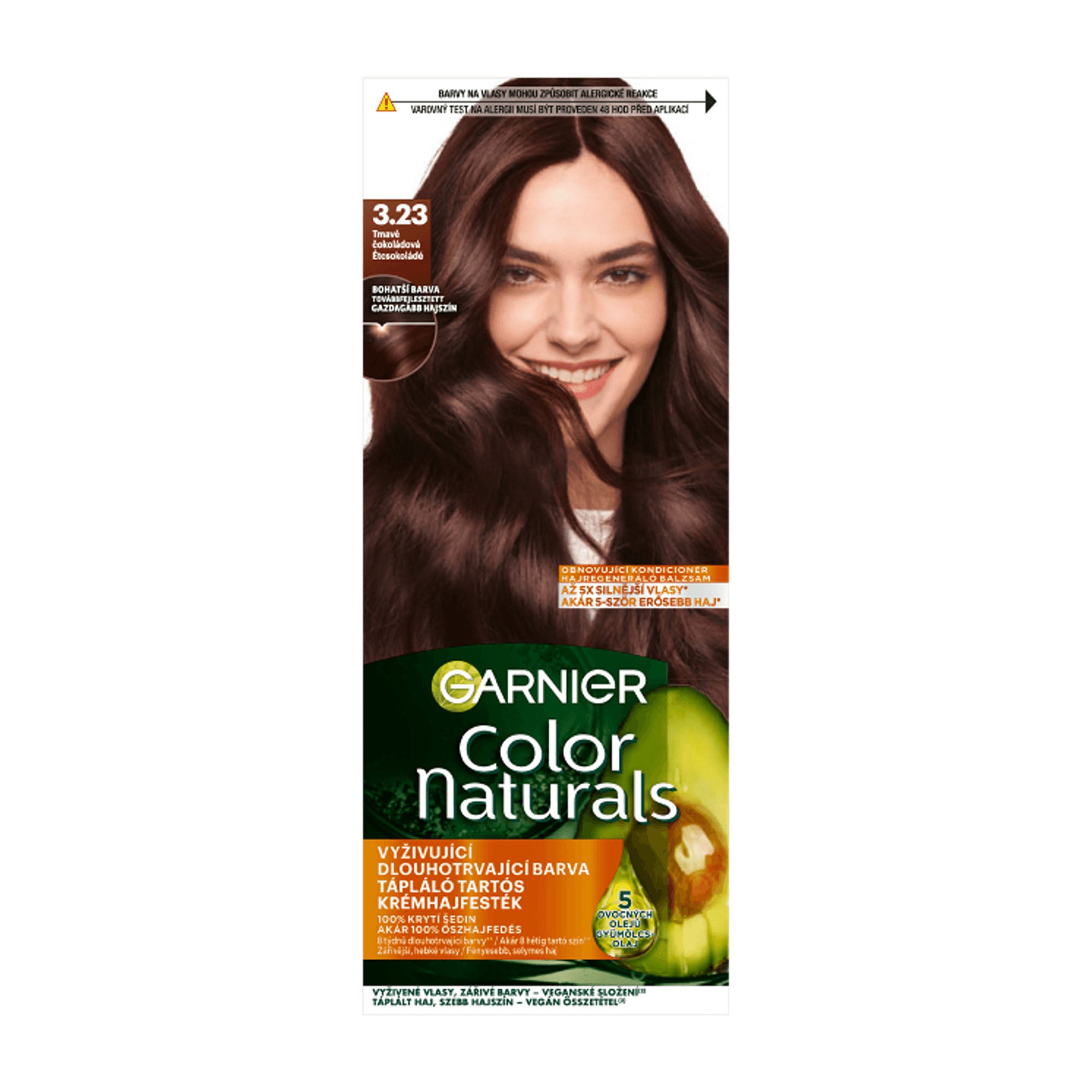 A box of Garnier Color Naturals permanent hair color in shade 3.23 Dark Chocolate, featuring an image of a woman with dark chocolate brown hair.