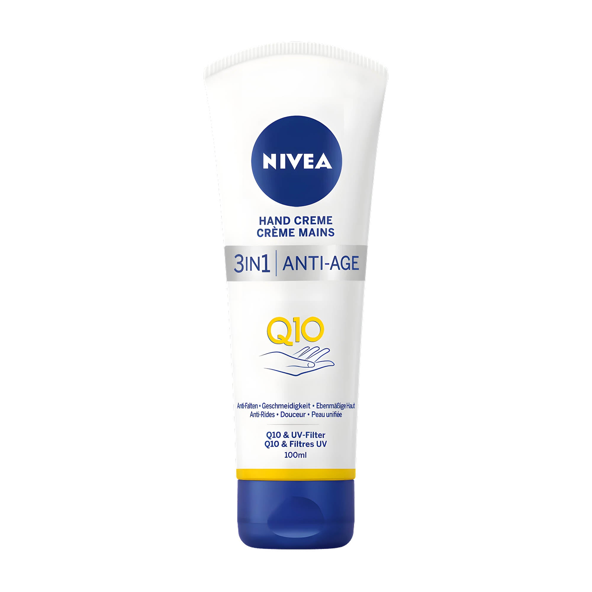 Tube of Nivea 3in1 anti-age hand cream on a white background