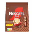 Nescafe 3in1 coffee package with a cup and stick pack on a brown background