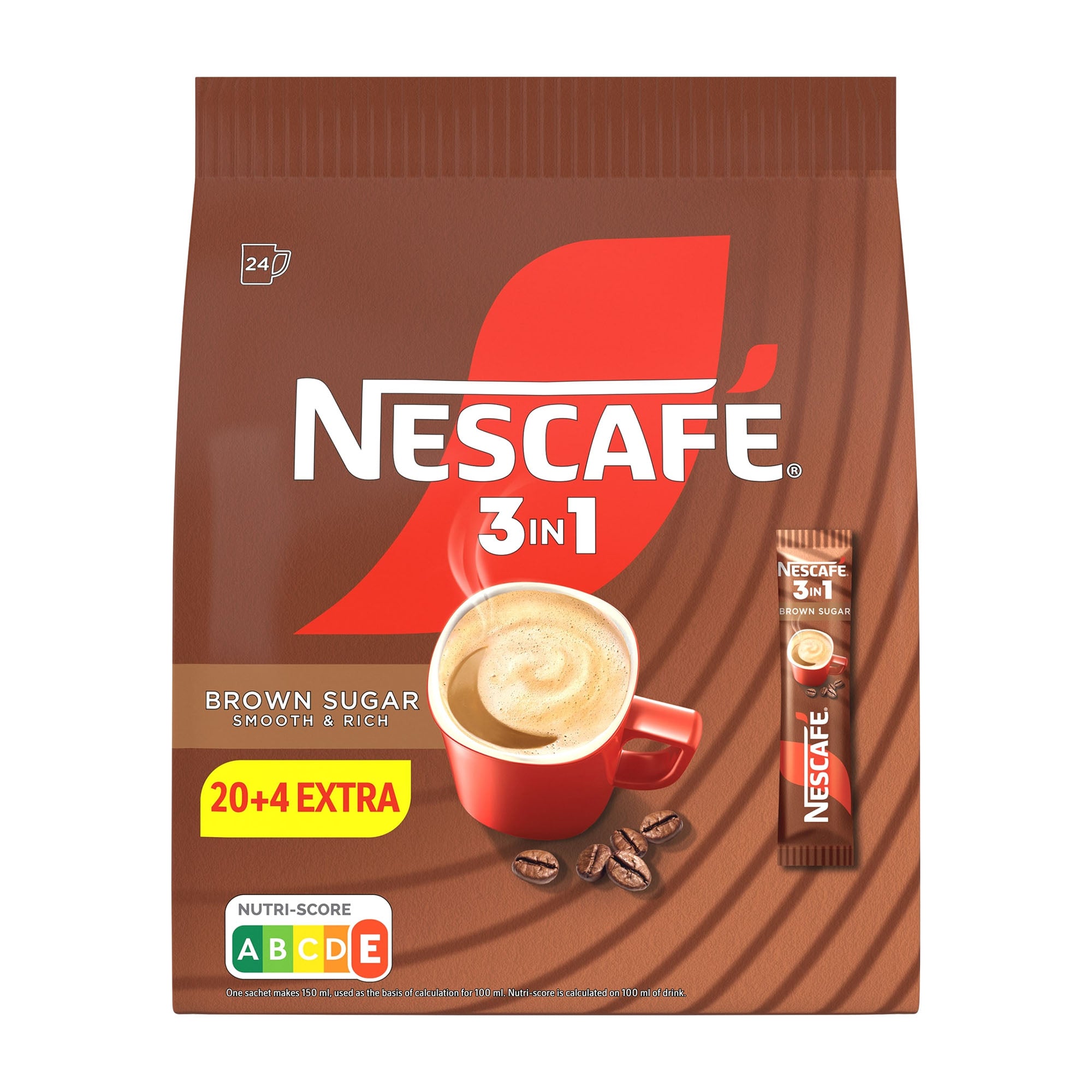 Nescafe 3in1 coffee package with a cup and stick pack on a brown background