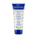 Tube of Sana 3in1 foot care cream with a blue cap and a label featuring an image of feet and plants, indicating it is a foot care product.