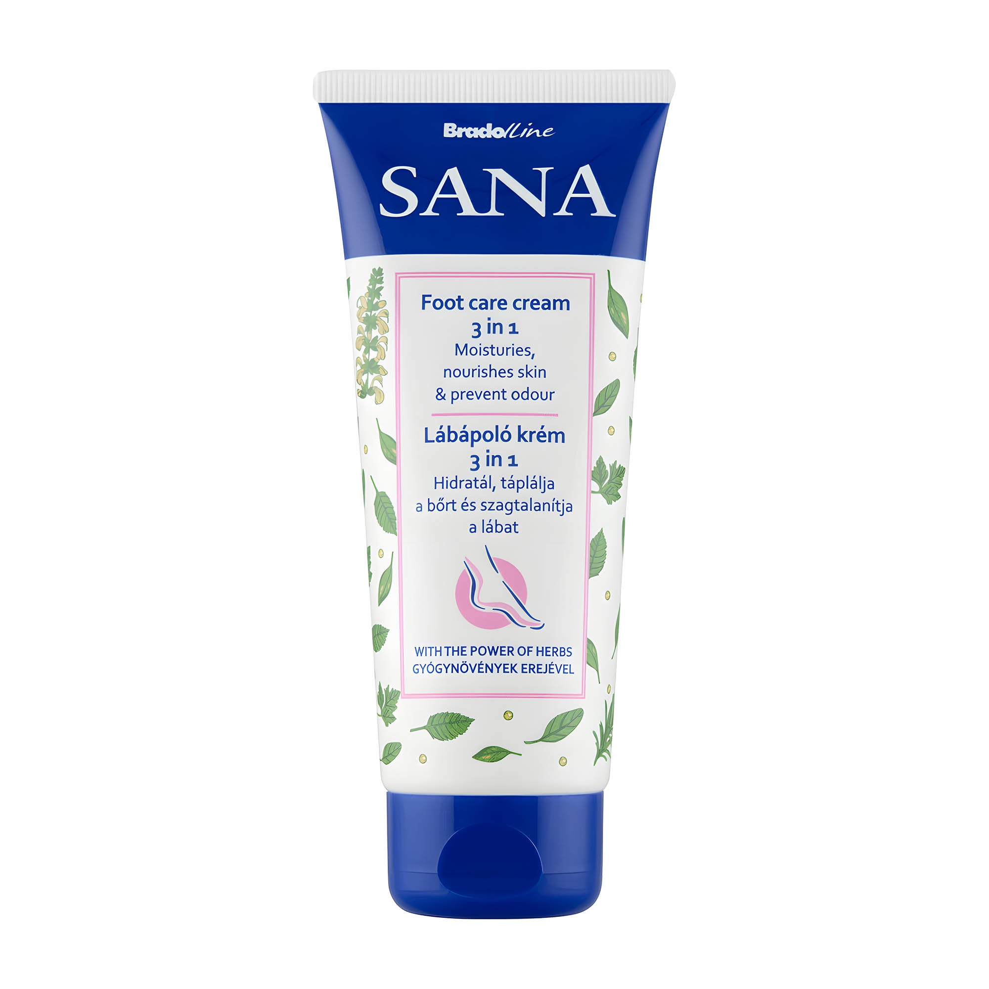 Tube of Sana 3in1 foot care cream with a blue cap and a label featuring an image of feet and plants, indicating it is a foot care product.