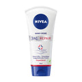 Nivea 3in1 Repair hand cream in a white tube with blue and red accents, 75 mL size.