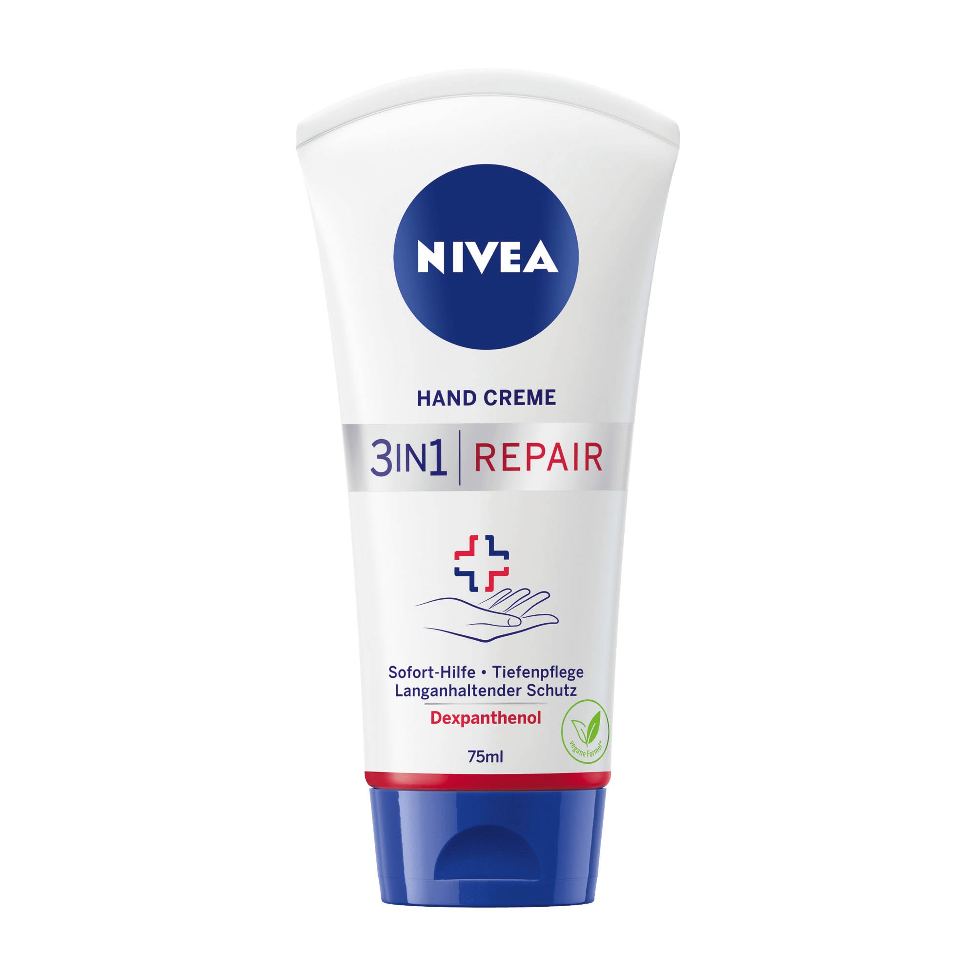 Nivea 3in1 Repair hand cream in a white tube with blue and red accents, 75 mL size.