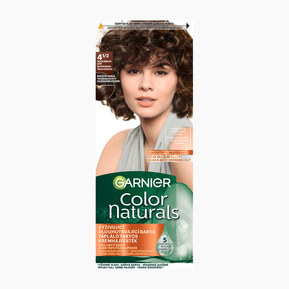 Garnier Color Naturals hair dye box in shade 4 1/2 Dark Hazelnut Brown, featuring a model with short curly brown hair on the packaging.