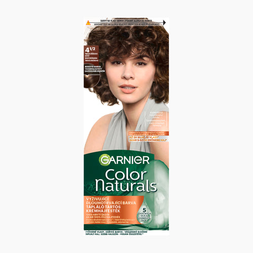 Garnier Color Naturals hair dye box in shade 4 1/2 Dark Hazelnut Brown, featuring a model with short curly brown hair on the packaging.