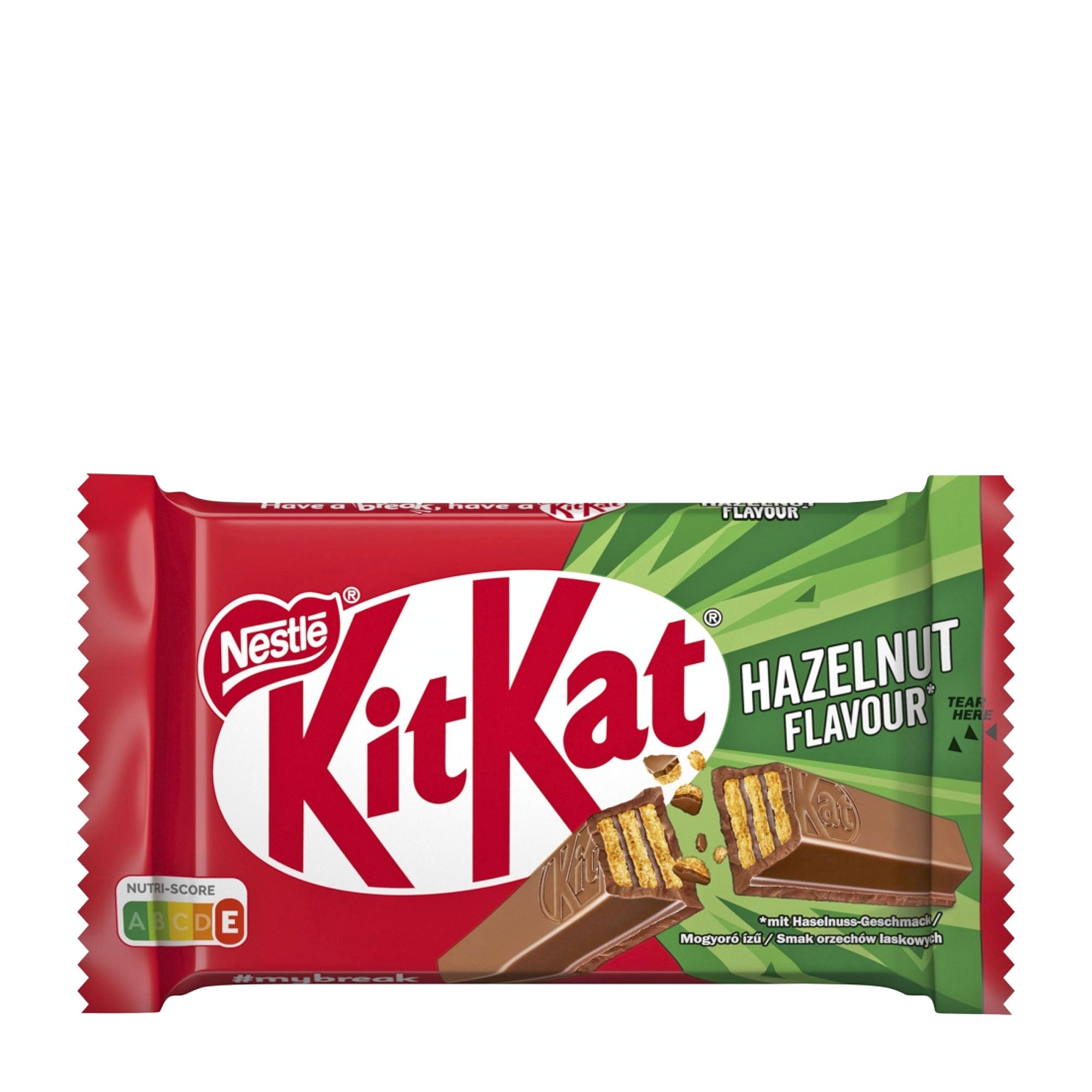 A packaged KitKat 4 Fingers Hazelnut milk chocolate wafer bar by Nestlé, with the KitKat logo and hazelnut flavor indication.
