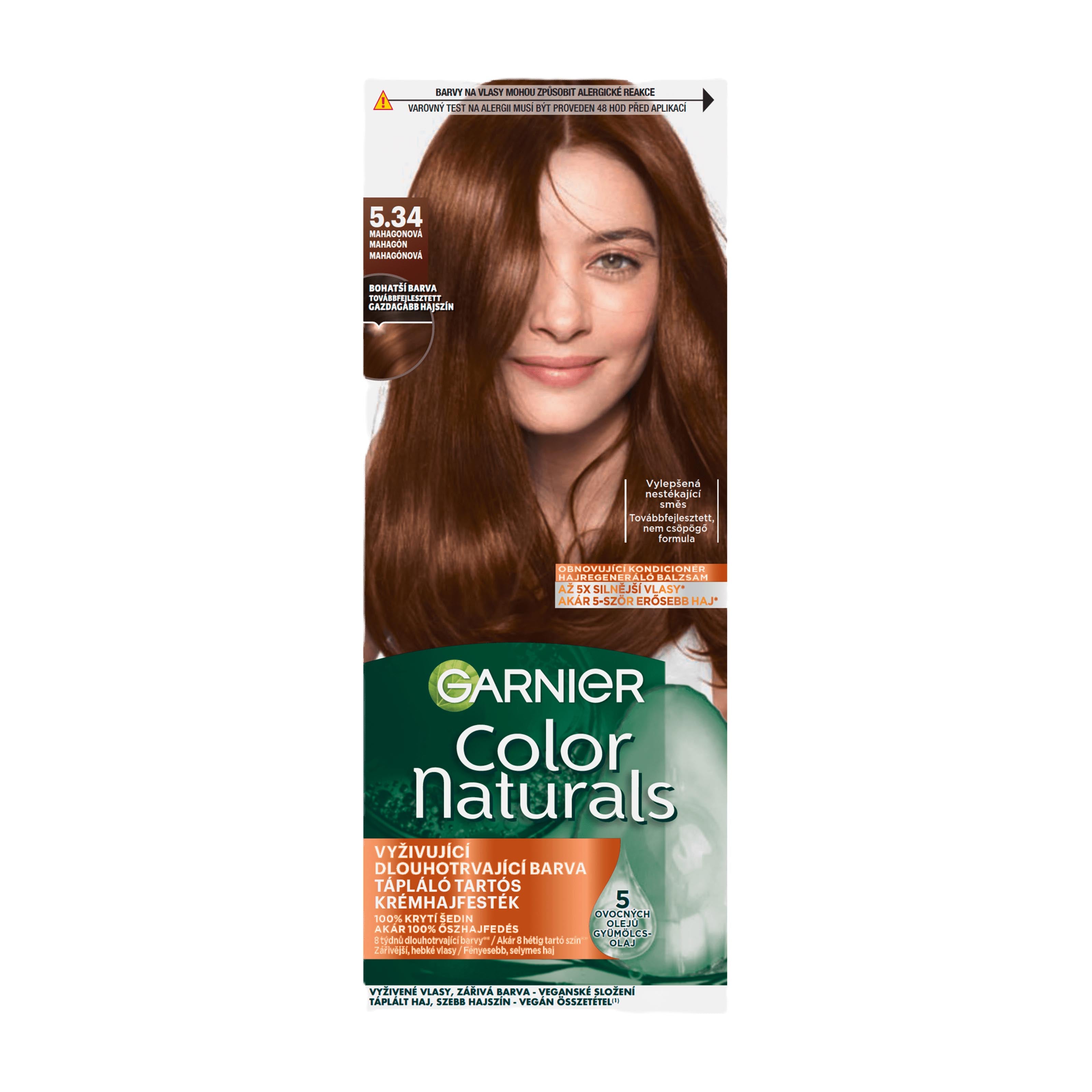 Garnier Color Naturals 5.34 Mahogany permanent hair color packaging on a white background.