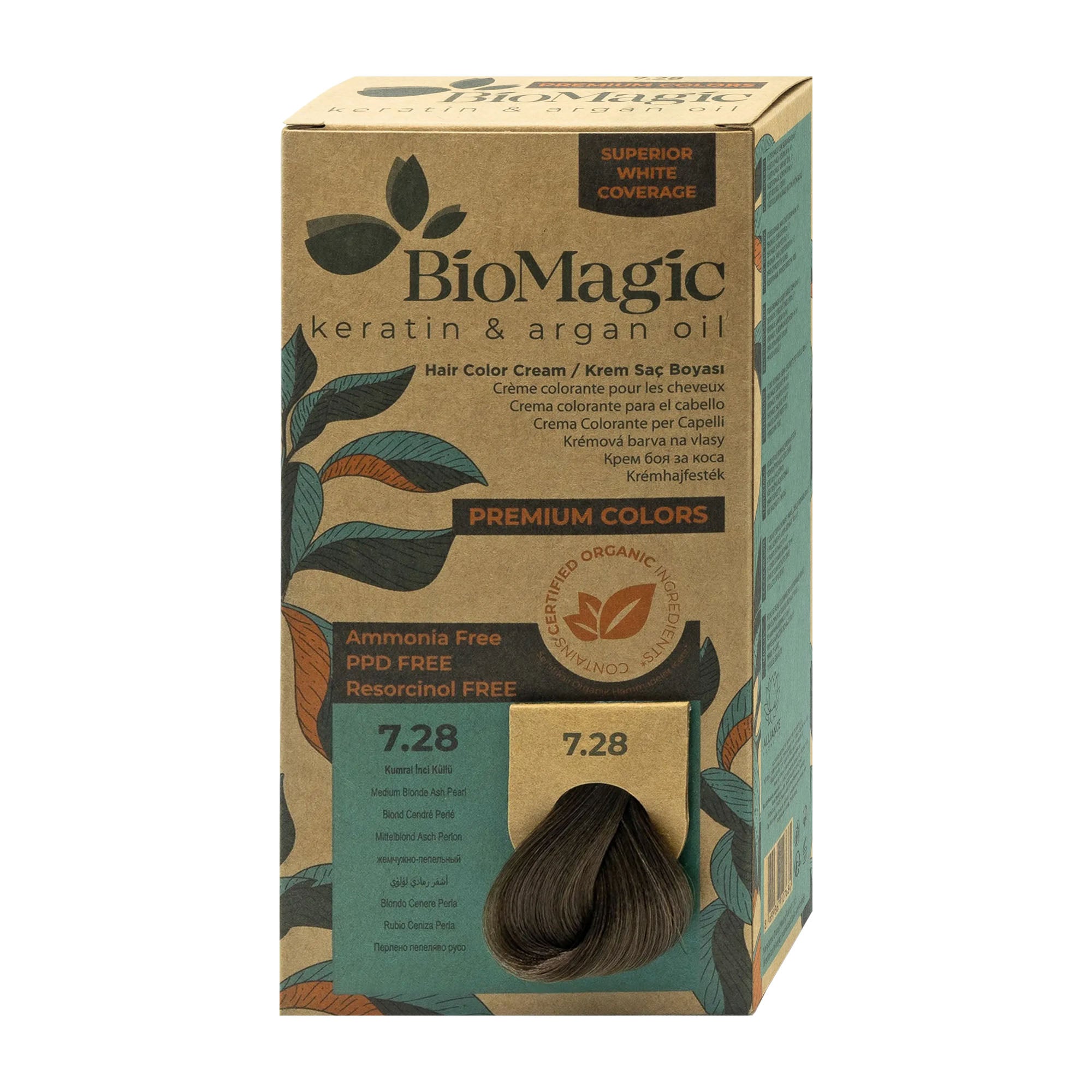 Box of Biomagic 7.28 Medium Blonde Ash Pearl permanent hair color cream on a white background.