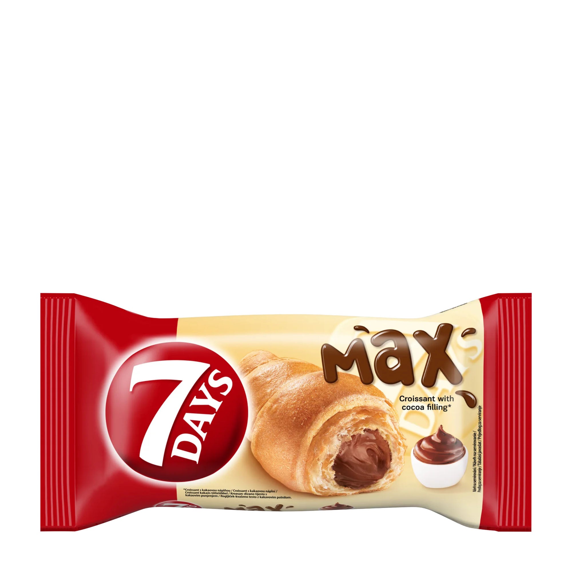 7 Days Max cocoa cream filled croissant packaging on a white background