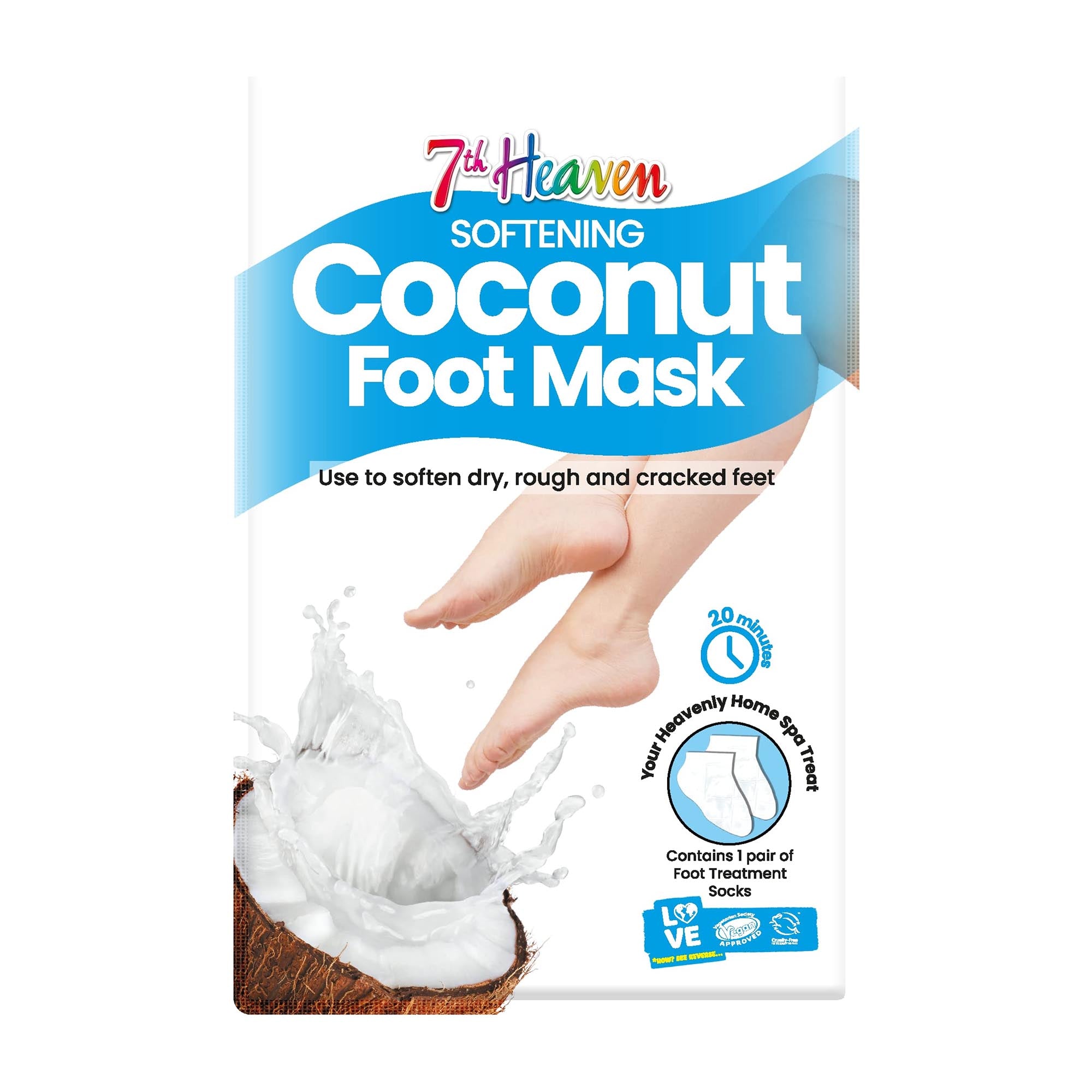 7th Heaven Softening Coconut Foot Mask packaging with a coconut and foot illustration on a white background