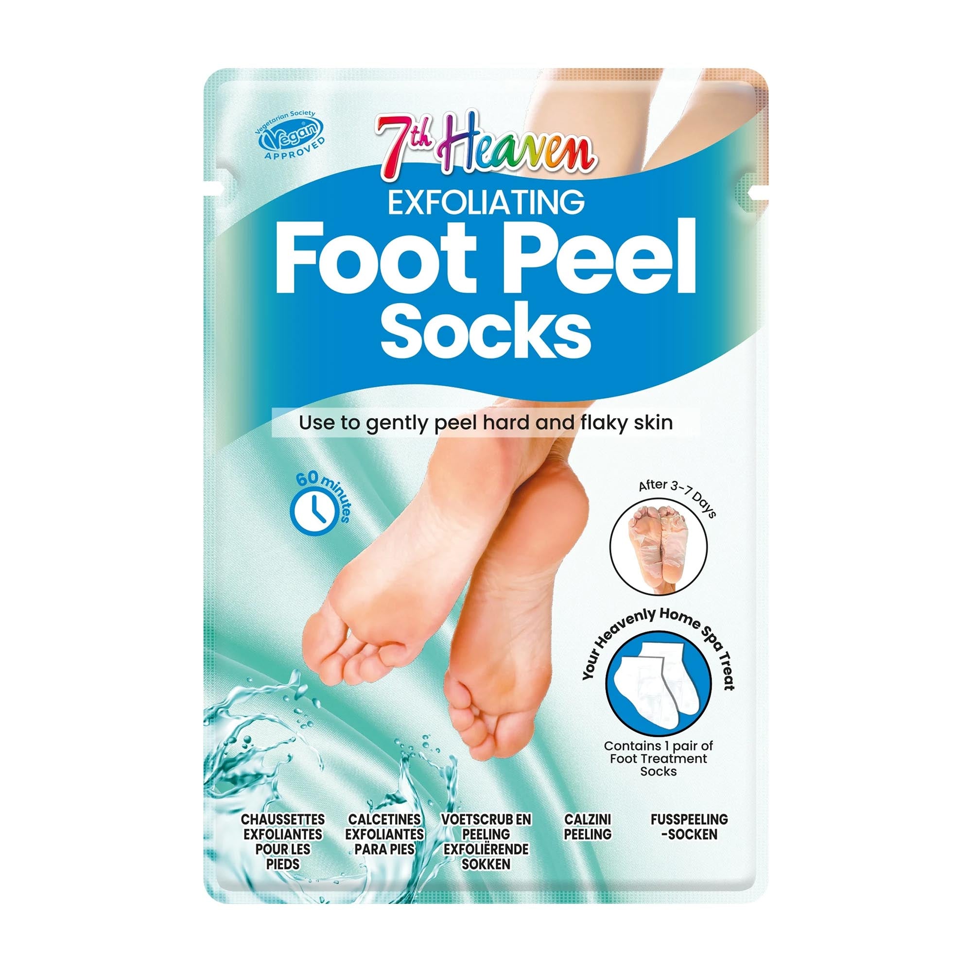 Packaging of 7th Heaven Exfoliating Foot Peel Socks on a white background