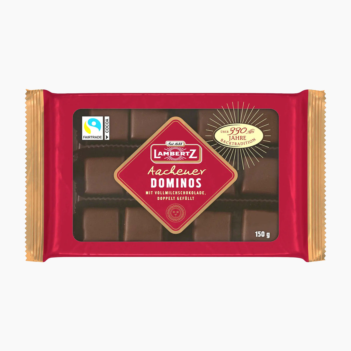 A 150 g bar of Lambertz Aachener Milk Chocolate Dominos in its red and gold wrapper, shown against a plain white background.