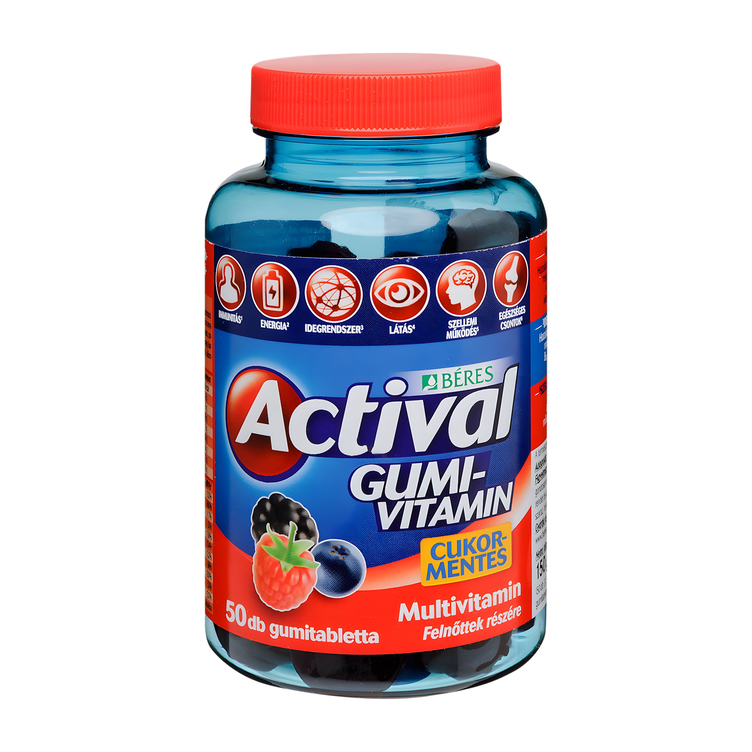 Blue bottle of Actival Gummy Vitamin with a red cap on a white background