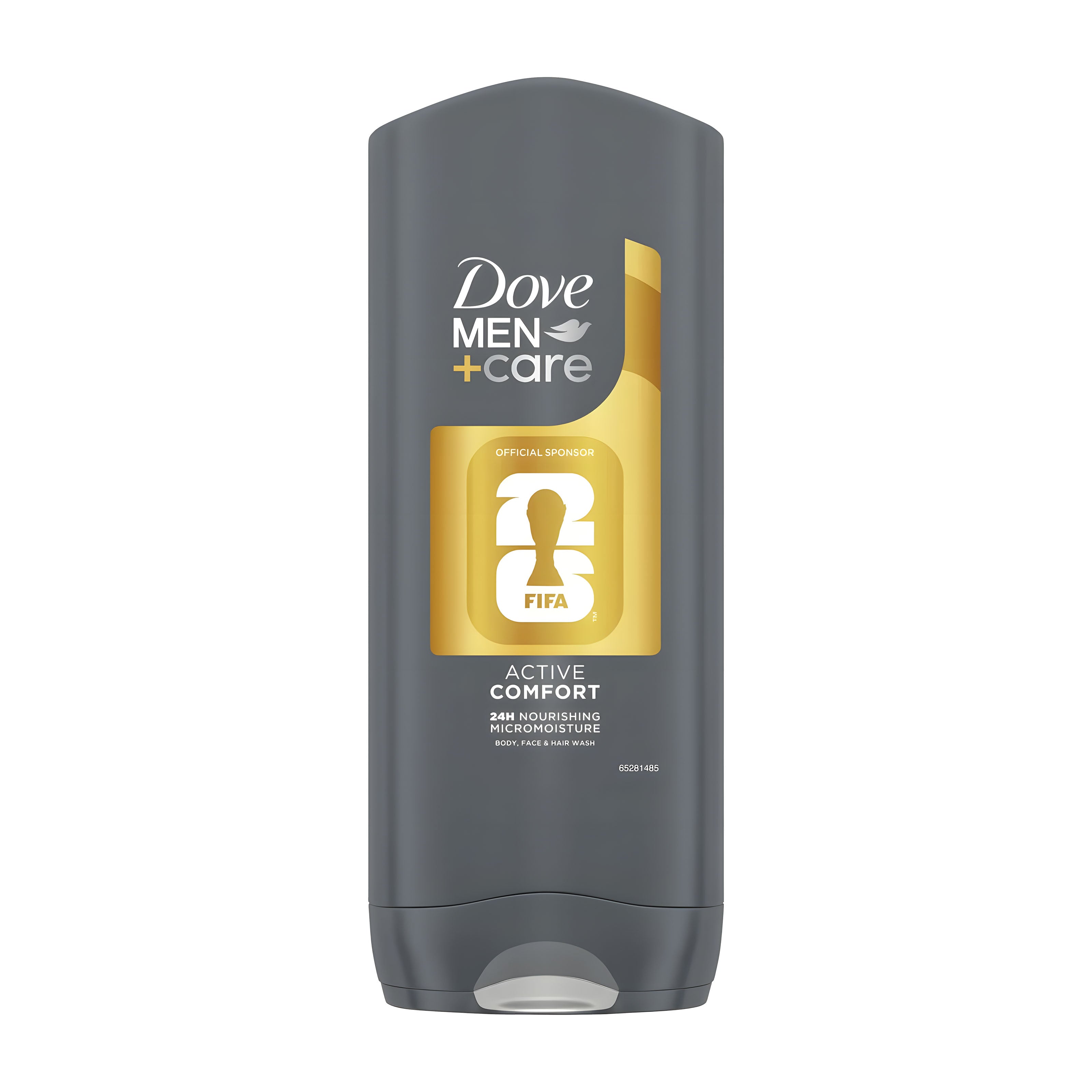 Dove Men+Care Active Comfort body wash bottle with FIFA logo on a white background
