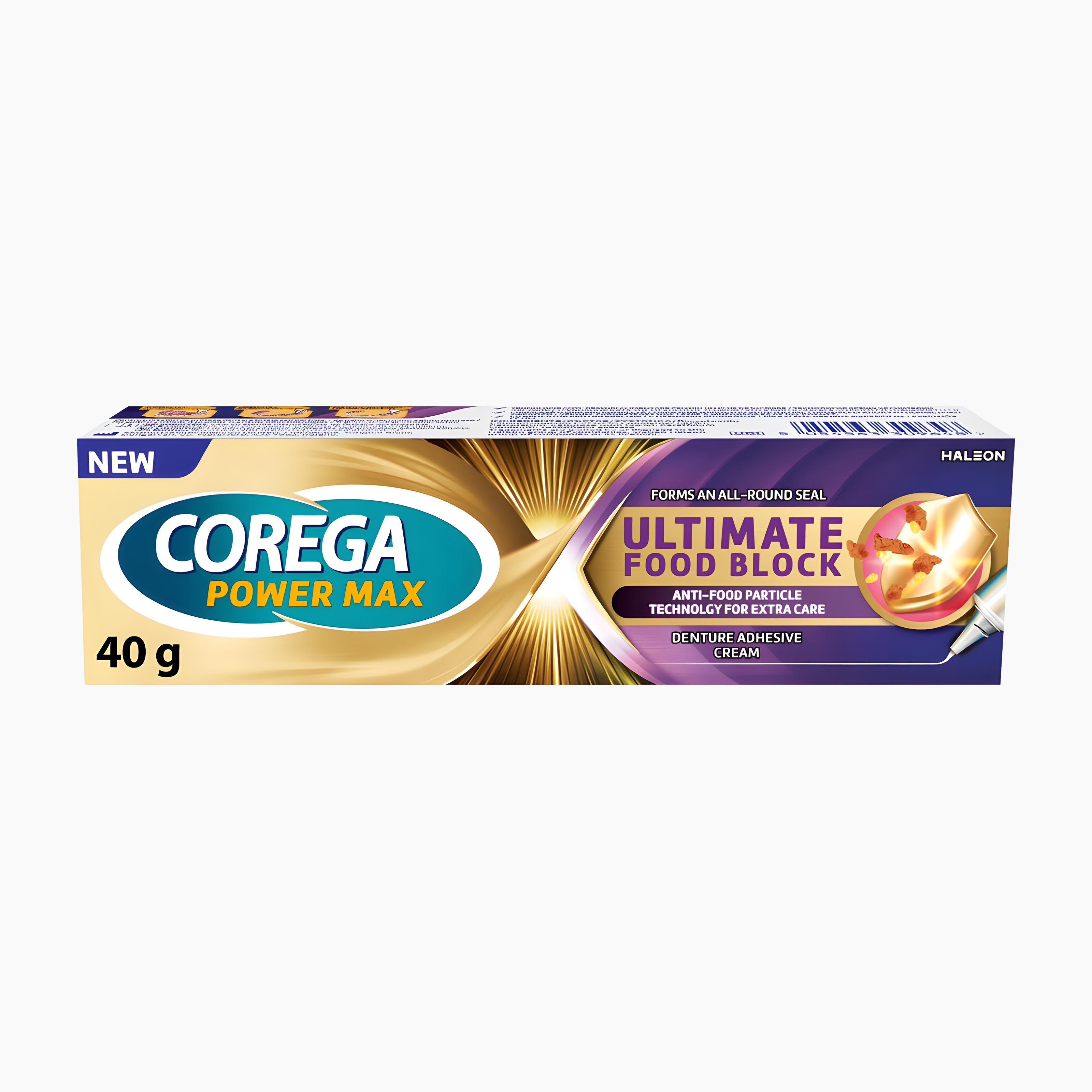 A 40 g box of Corega Power Max Ultimate Food Block denture adhesive cream, featuring a gold and purple design with a graphic of a food block being cut, on a white background.