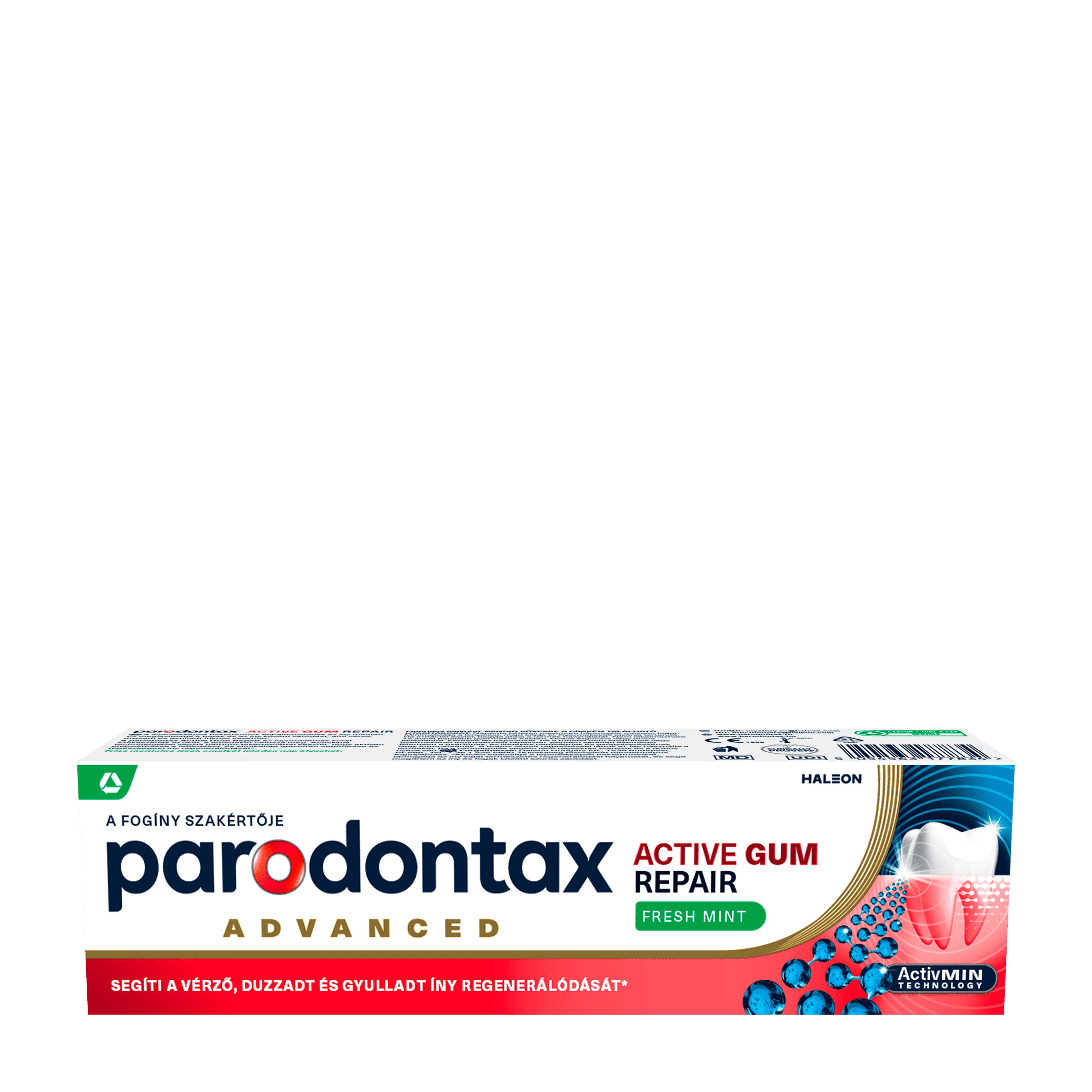 Parodontax Advanced Active Gum Repair Fresh Mint toothpaste packaging on a white background