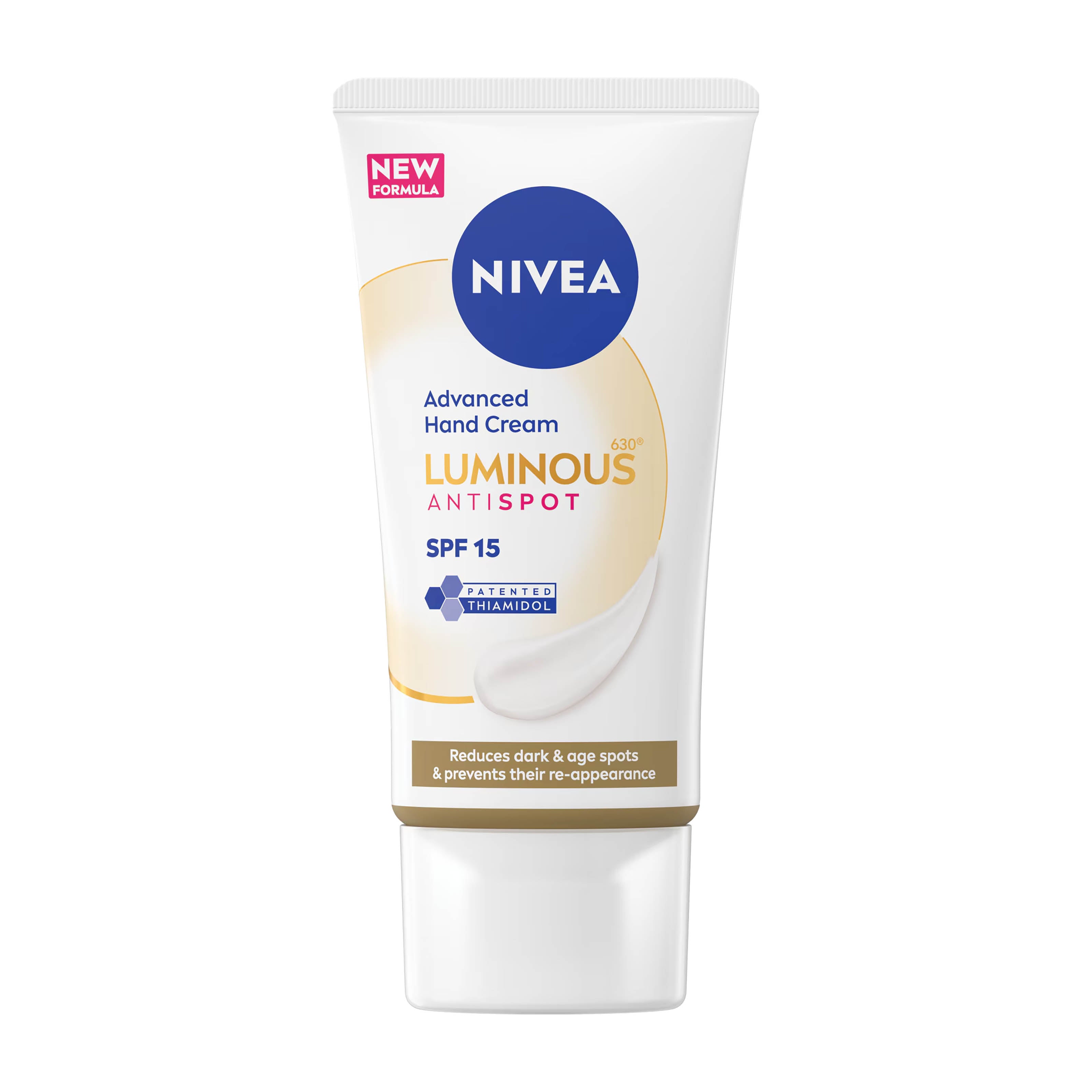 Nivea Luminous630 Anti Spot Advanced Hand Cream tube on a white background.