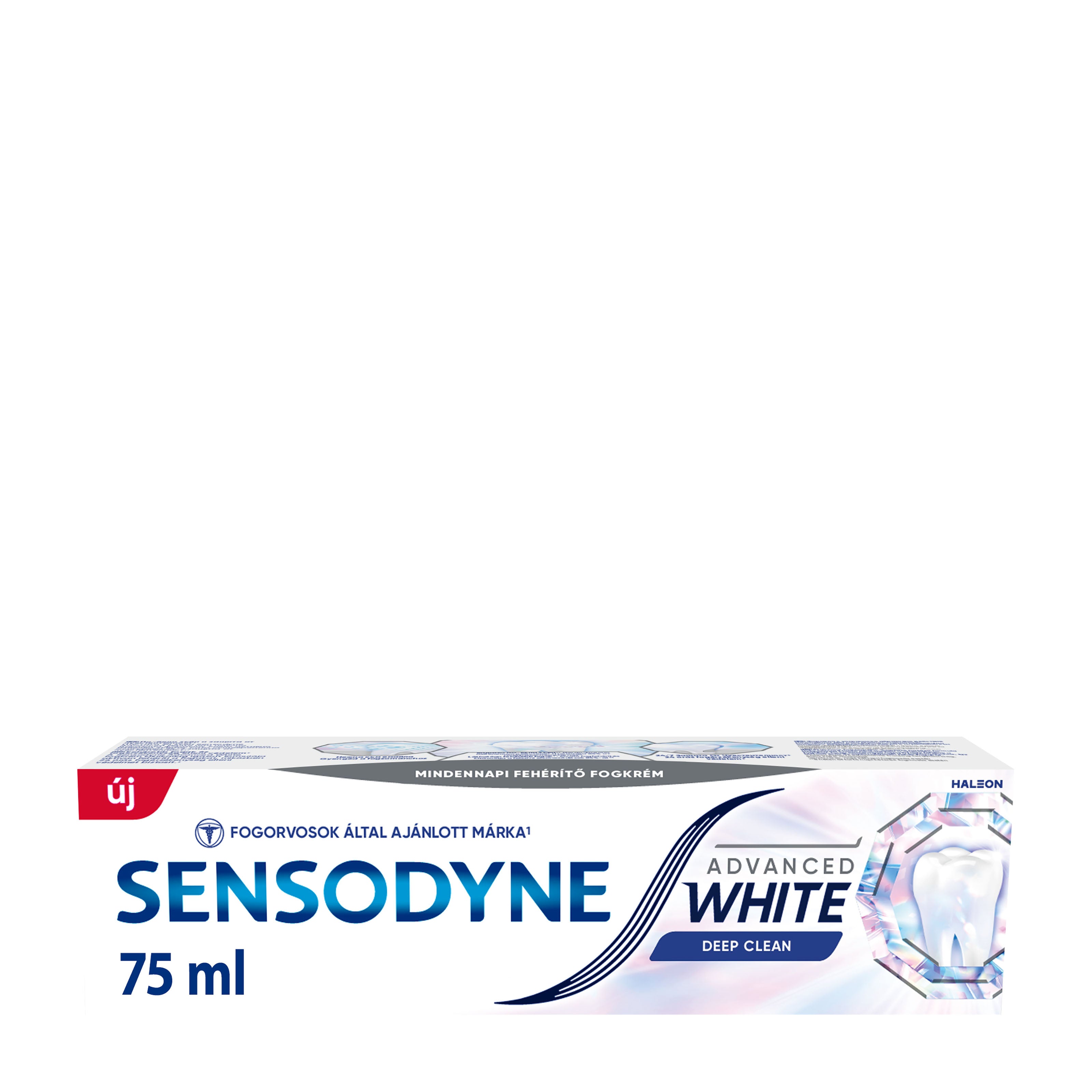 Sensodyne Advanced White Deep Clean toothpaste packaging on a white background