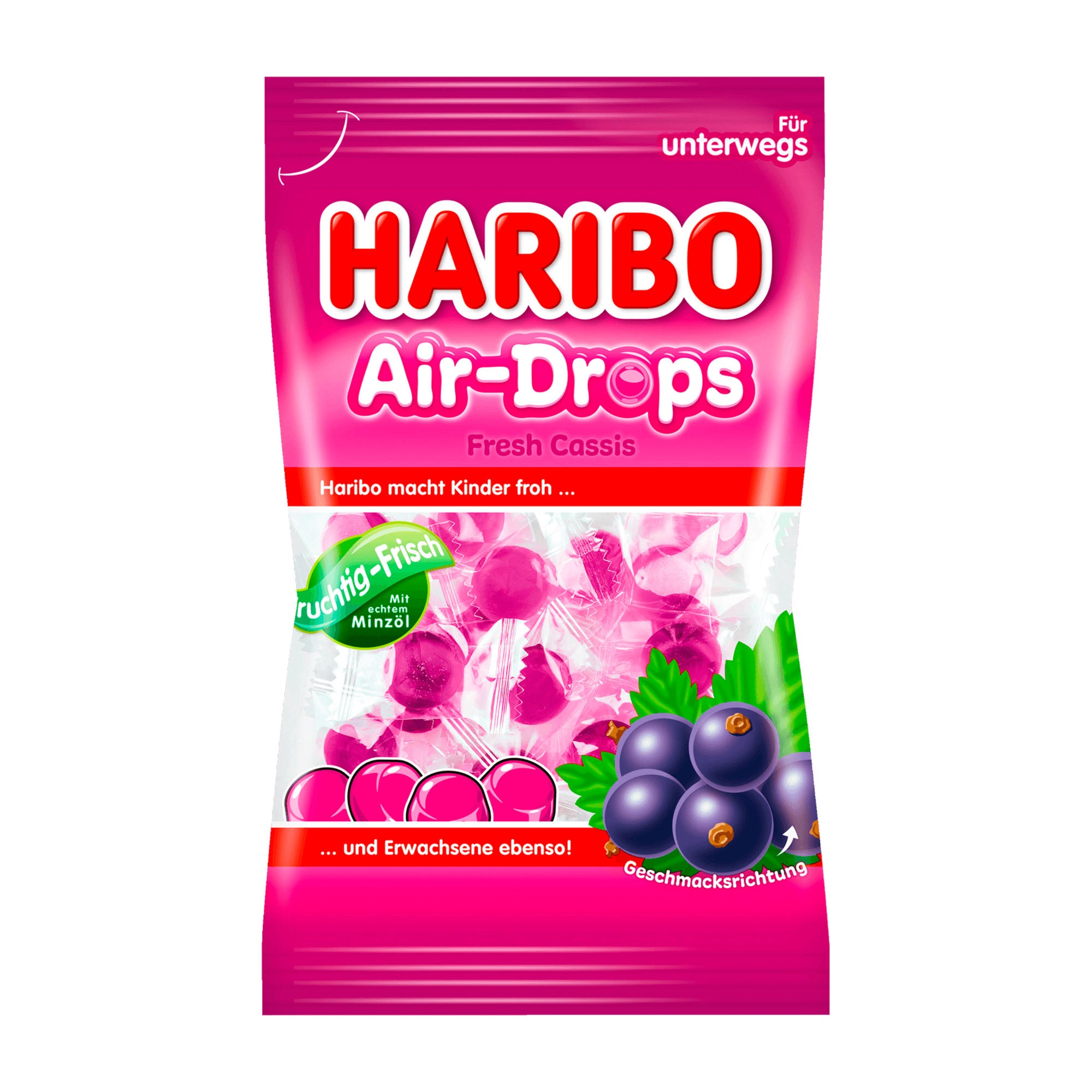 Haribo Air-Drops Fresh Cassis candy package on a white background