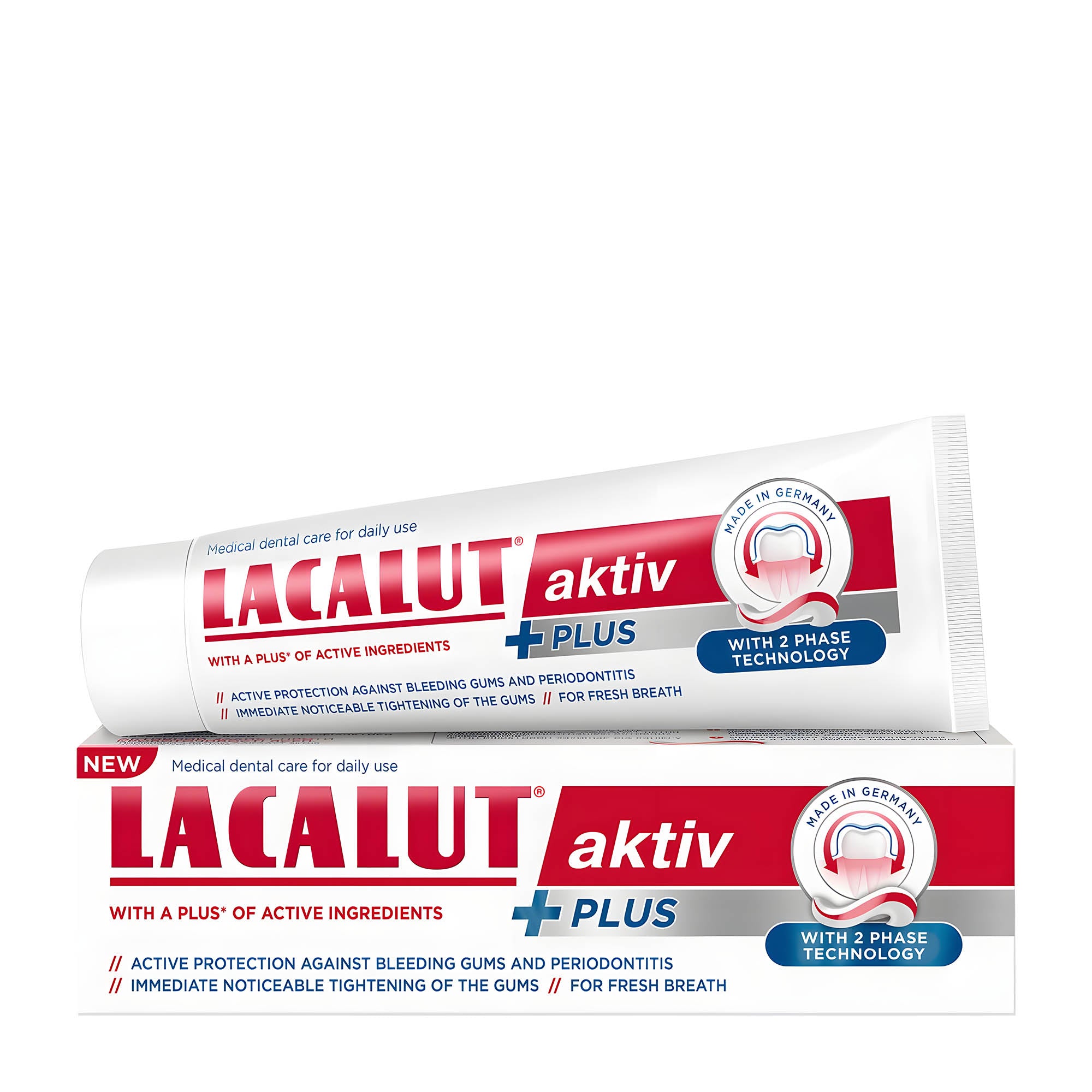 Packaging of Lacalut Aktiv Plus toothpaste, showing the tube design with red and white colors and the text 'AKTIV PLUS' on the front.