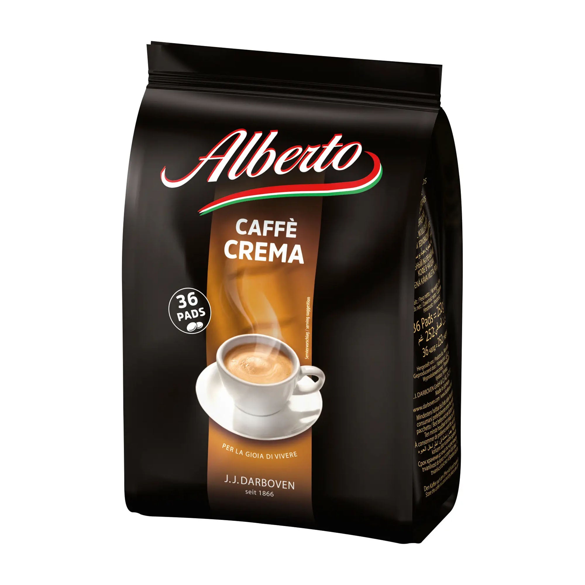 Alberto Caffè Crema coffee packaging on a white background