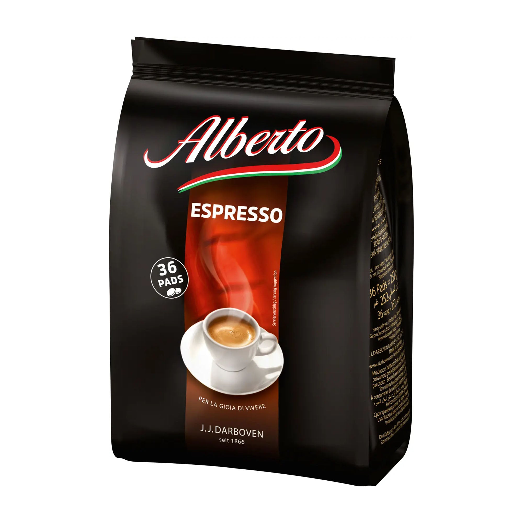 Alberto Espresso coffee pad package on a white background
