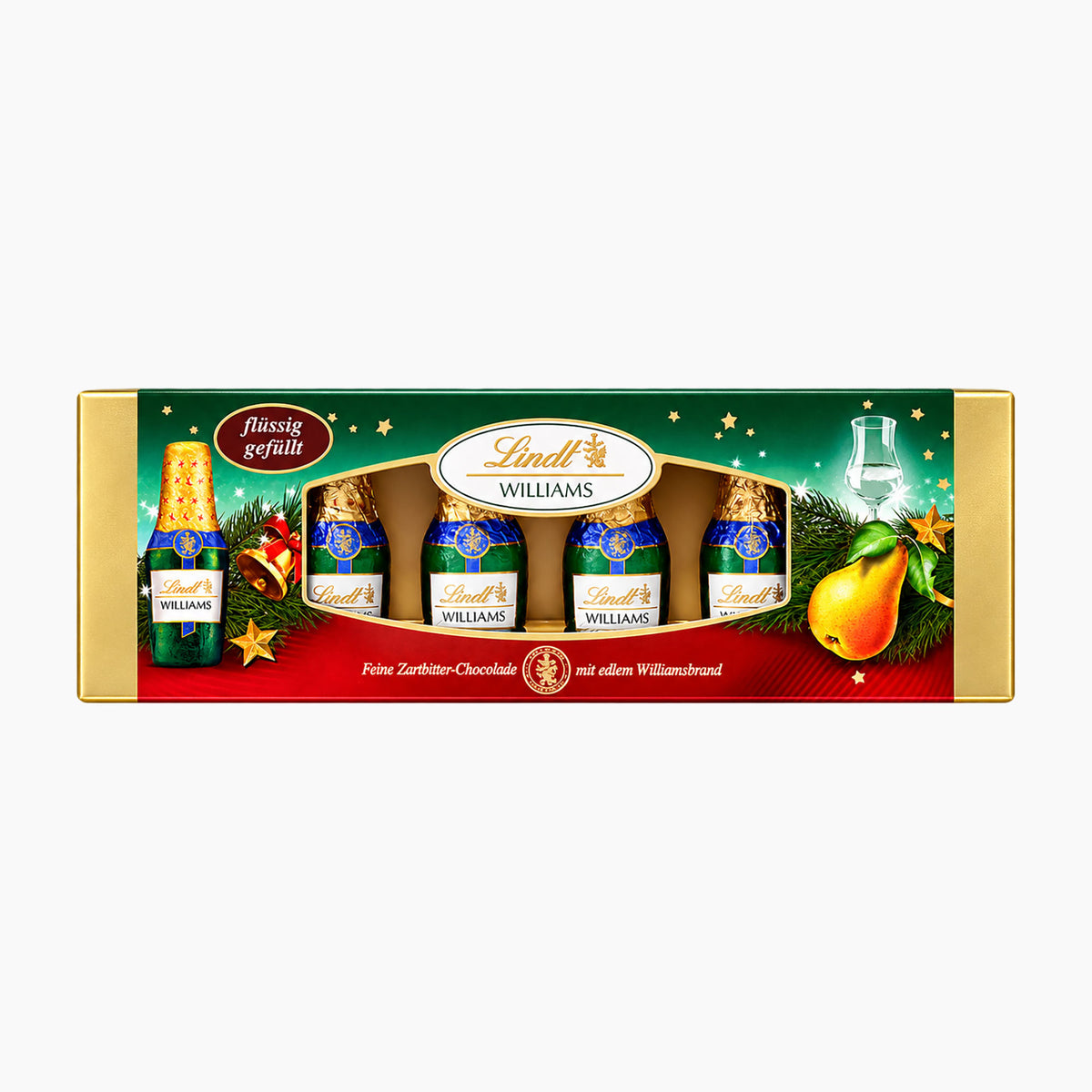 A Lindt Alcohol Specialties Bottles Williams gift set containing four mini chocolate bottles, presented in a decorative gold and green box with festive illustrations of pine branches, a pear, and a brandy glass.