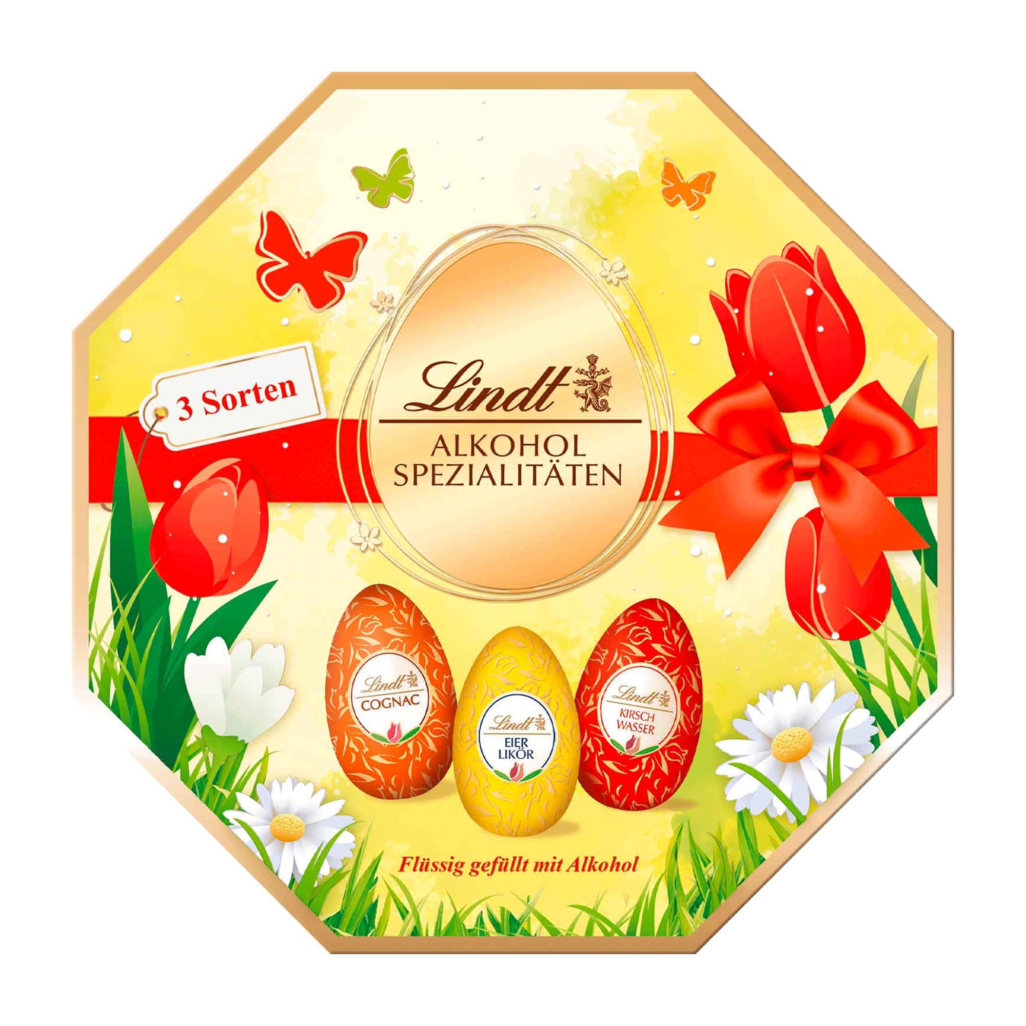 Lindt alcohol specialty eggs pralines set in a decorative box with Easter theme