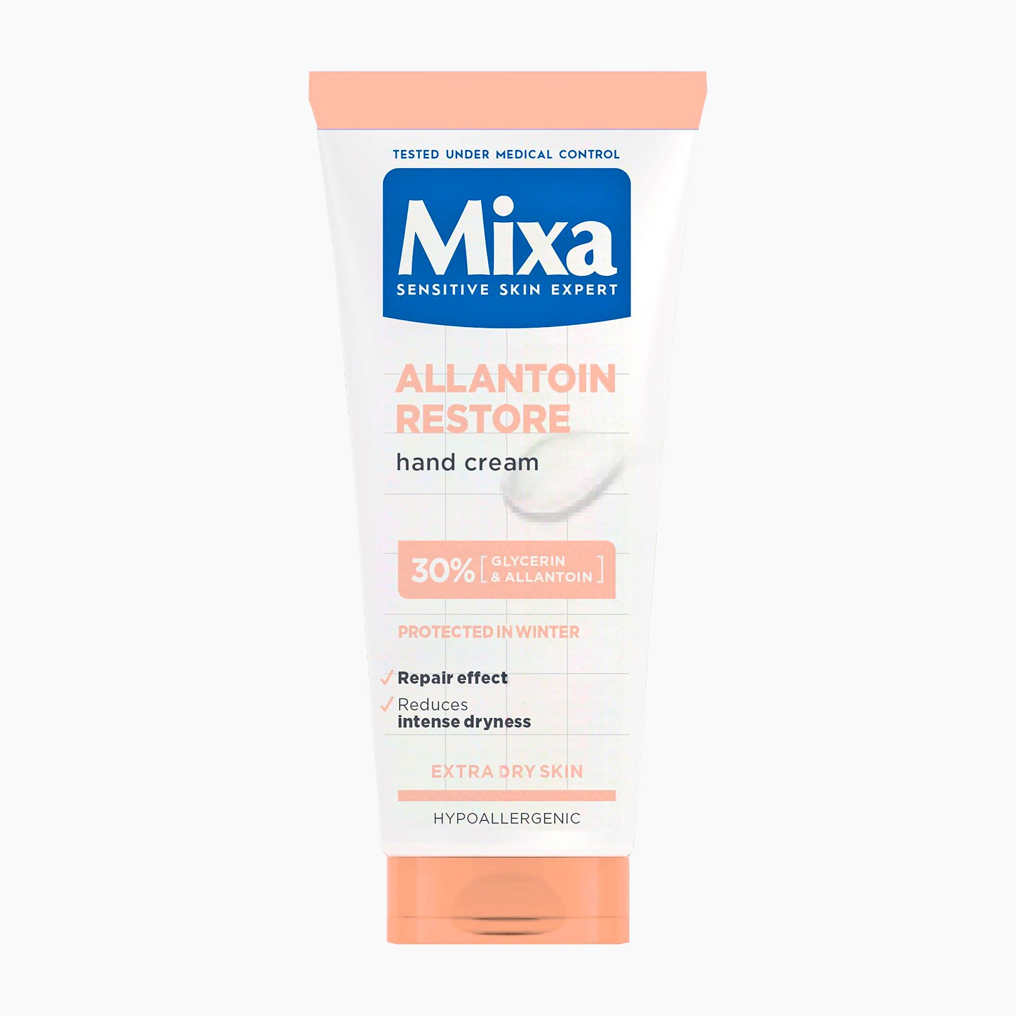 A tube of Mixa Allantoin Restore hand cream on a clean white background. The packaging is white with coral pink accents and a blue brand logo.
