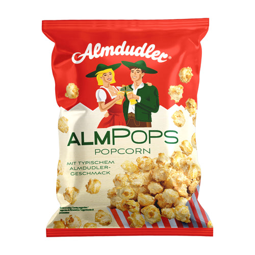 Almdudler Almpops popcorn packaging with illustration of two people and popcorn graphics.