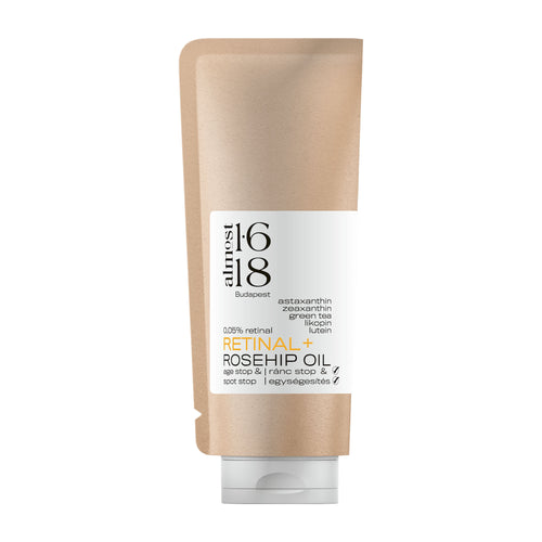 almost 1.618 Retinal + Rosehip Oil Cream Serum packaging with a beige and white design on a white background