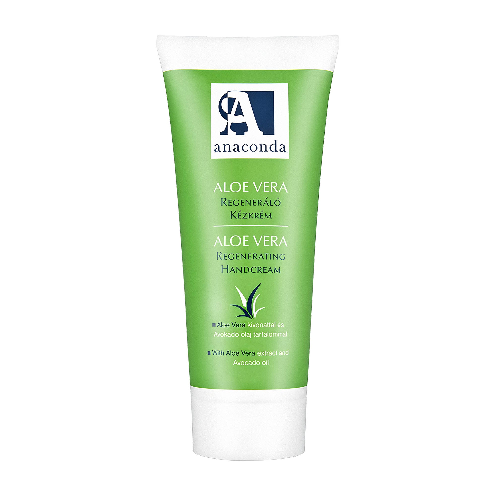A tube of Anaconda Aloe Vera regenerating hand cream with green and white packaging.