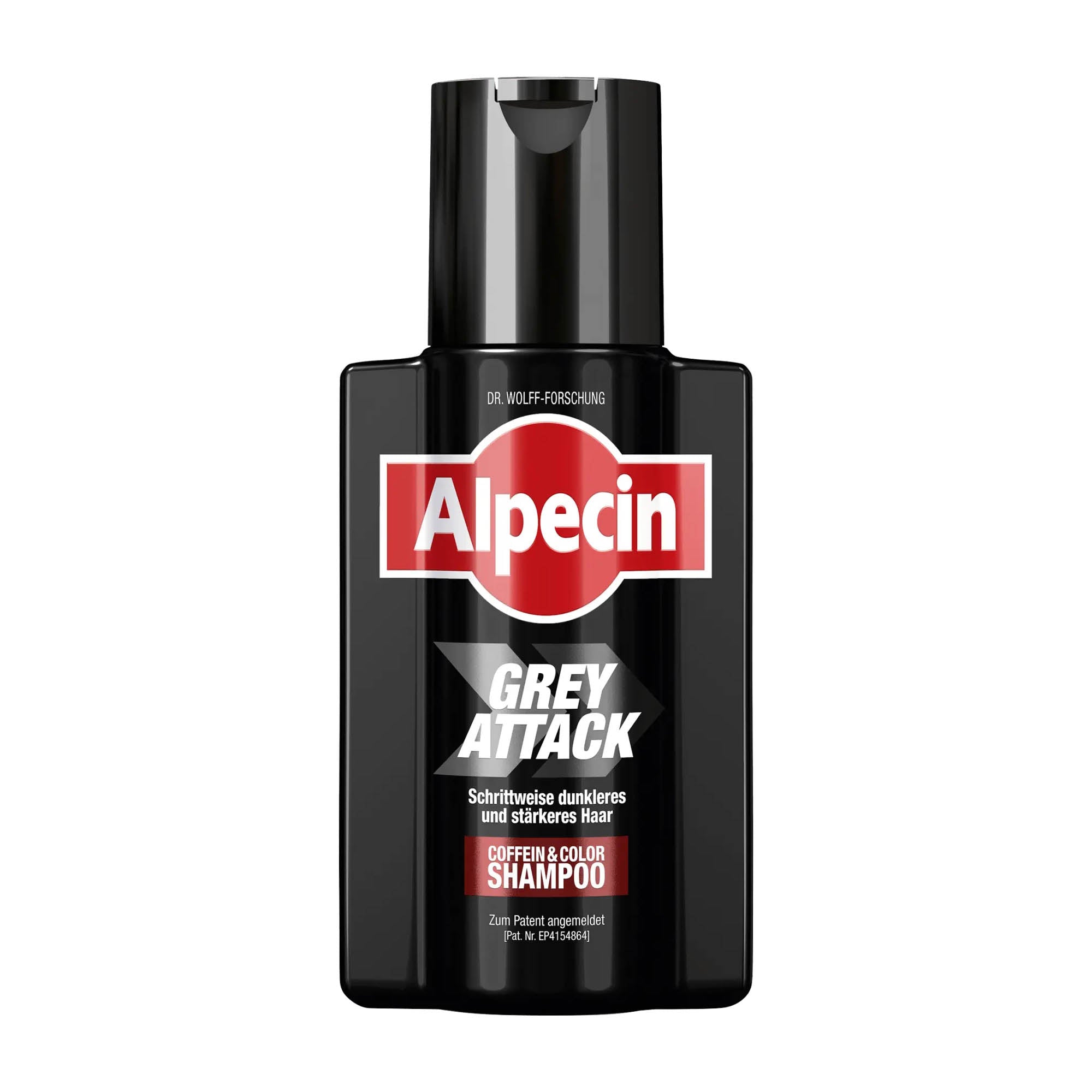 A bottle of Alpecin Grey Attack caffeine & color shampoo, 200 mL with black and red label.