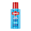 A bottle of Alpecin Hybrid Sensitive Caffeine shampoo with a red cap and blue label, 250 mL.