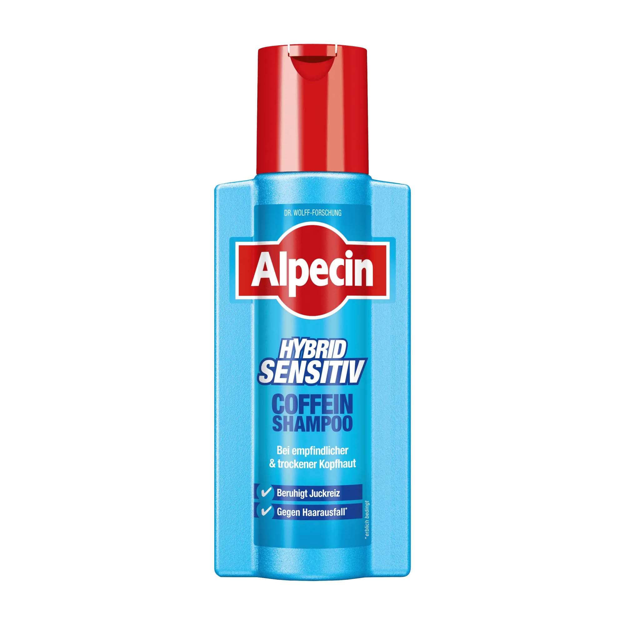A bottle of Alpecin Hybrid Sensitive Caffeine shampoo with a red cap and blue label, 250 mL.