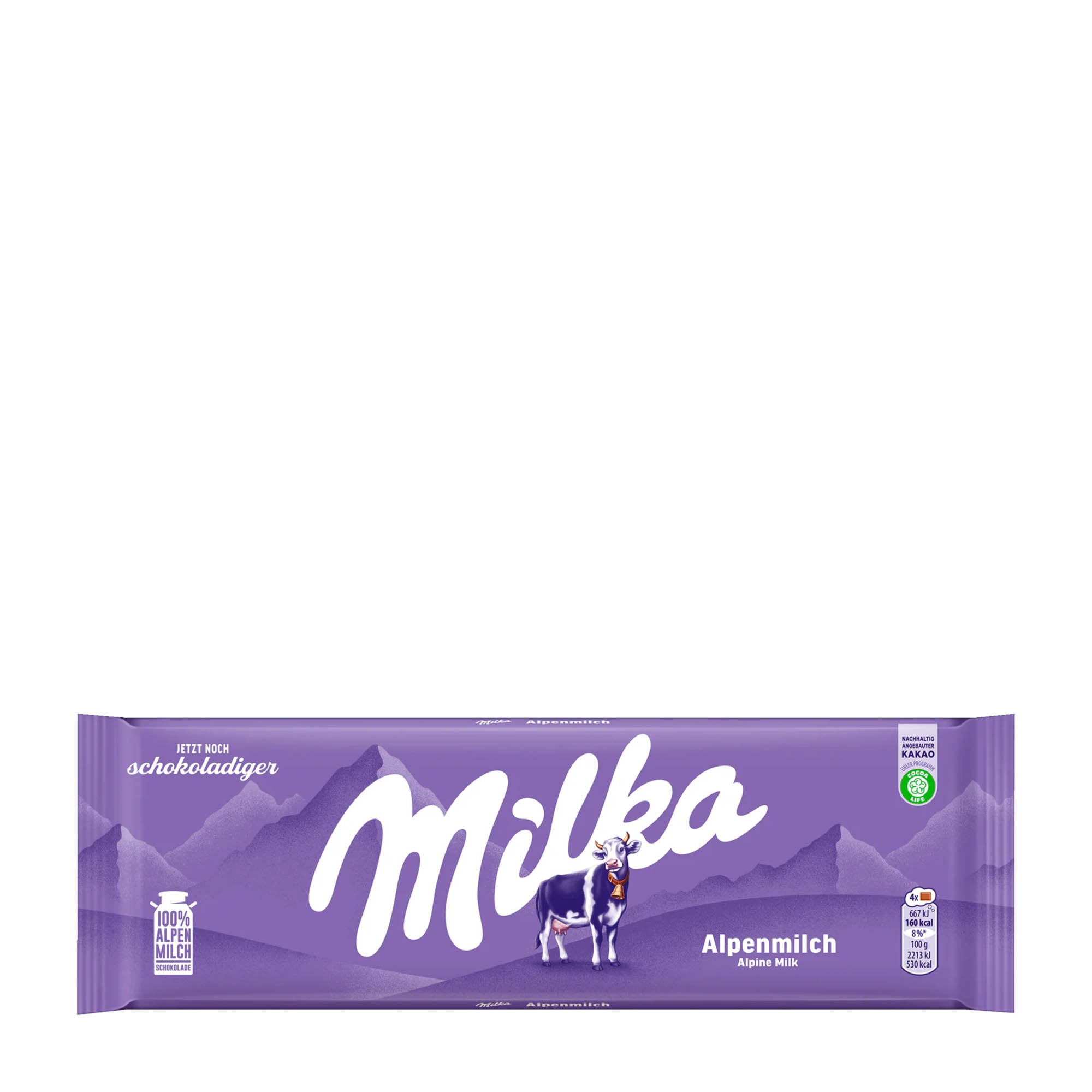 A large purple and white package of Milka Alpine milk chocolate bar, 250 g, featuring the Milka cow logo and text.