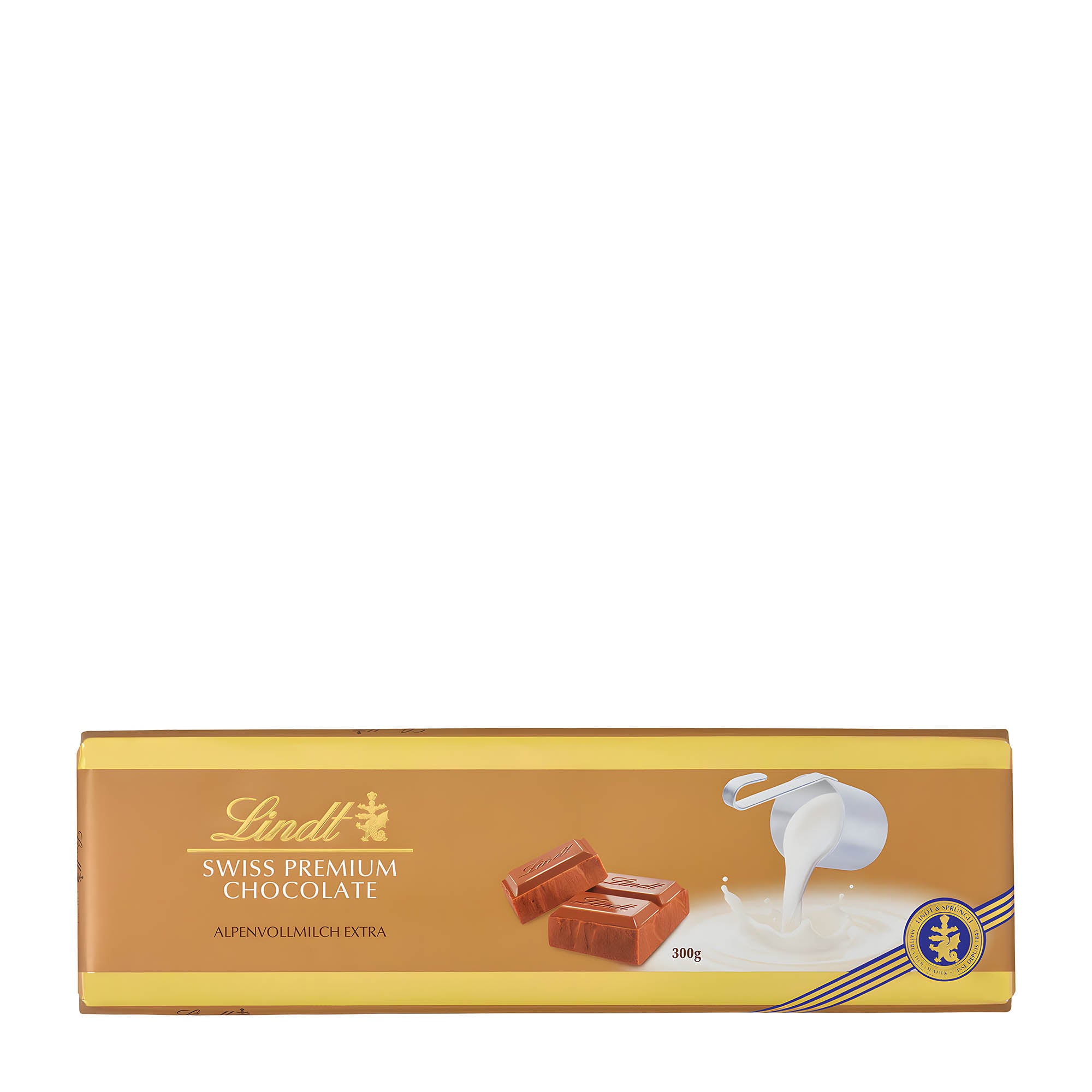 A bar of Lindt Swiss Premium Extra milk chocolate with the packaging displaying the brand name, the type of chocolate, and the weight of 300g.