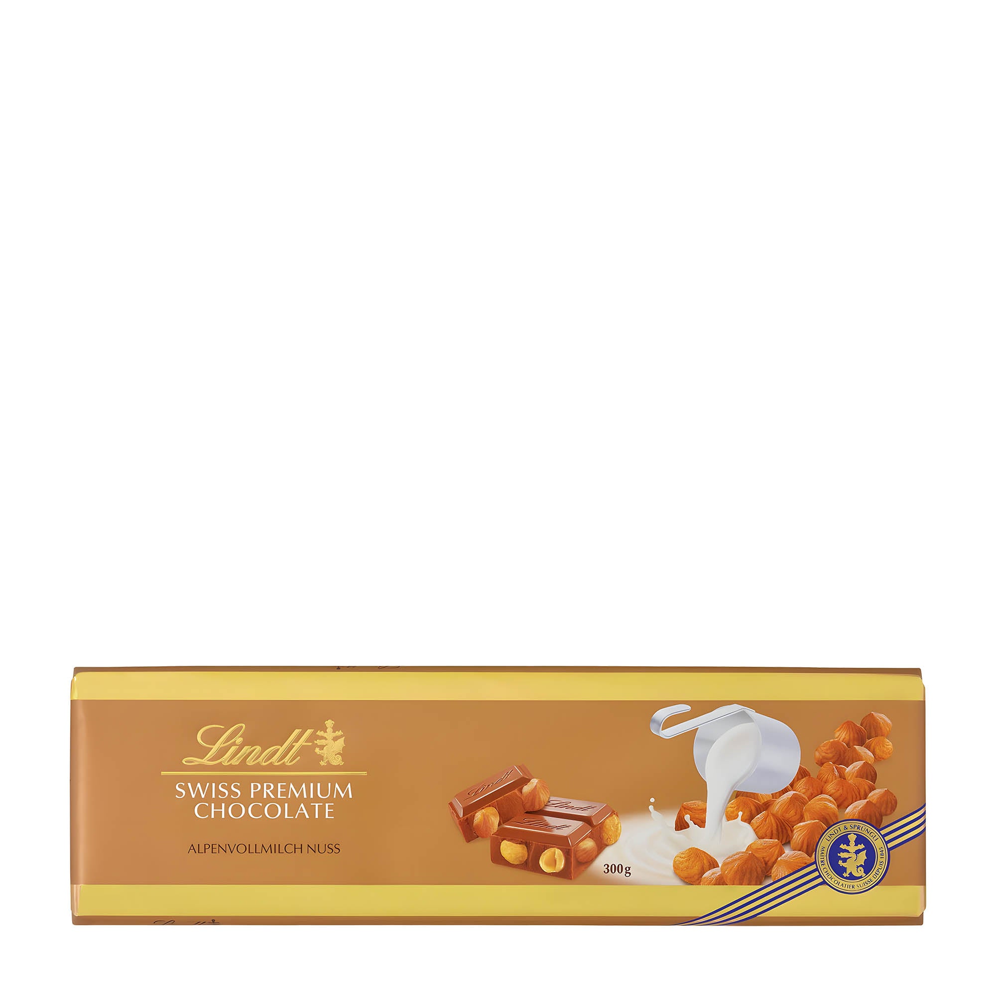 A bar of Lindt Swiss Premium Hazelnut milk chocolate, 300g, with whole roasted hazelnuts on the packaging.