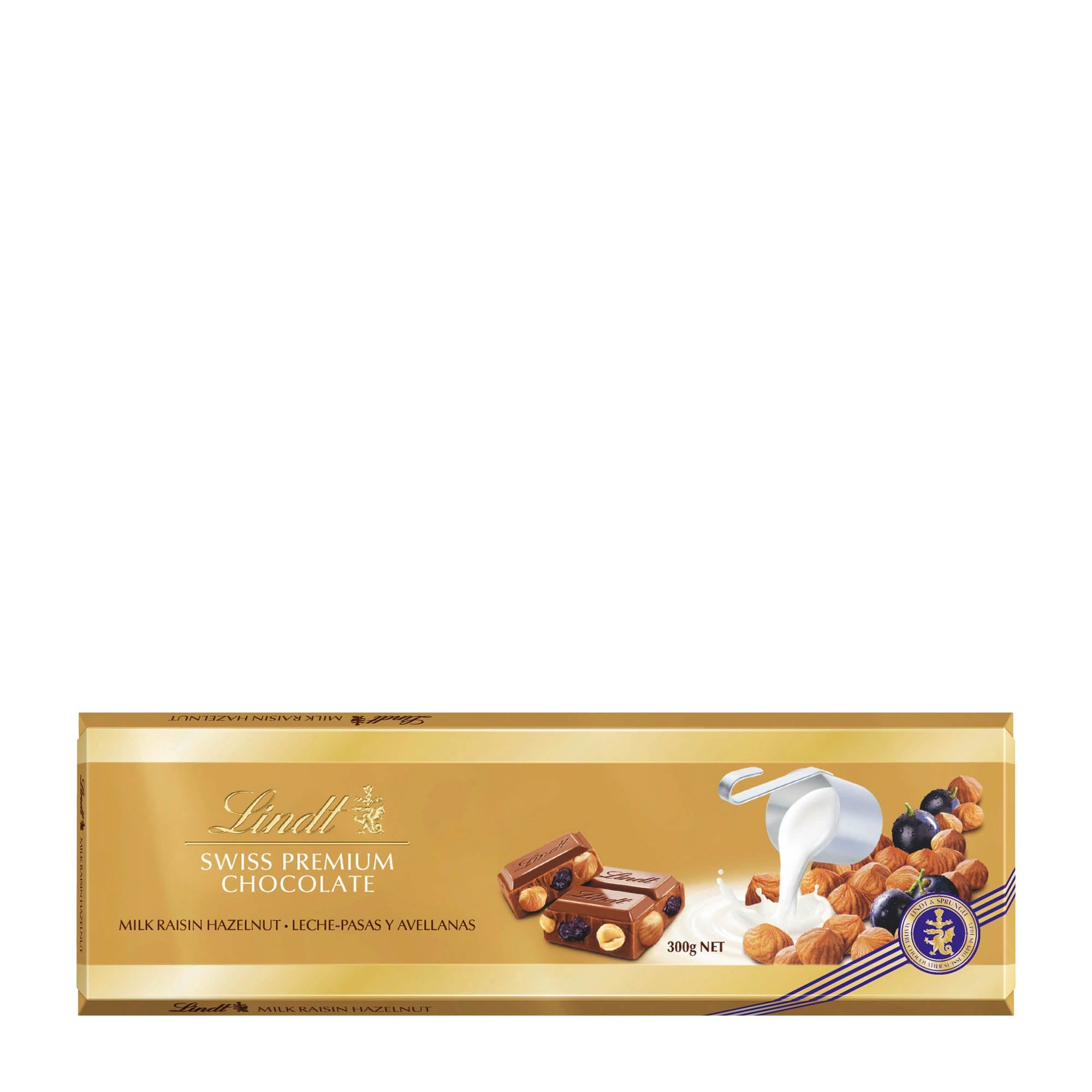 A bar of Lindt Swiss Premium Raisin Hazelnut milk chocolate, with images of whole hazelnuts and raisins on the packaging, indicating the flavor.
