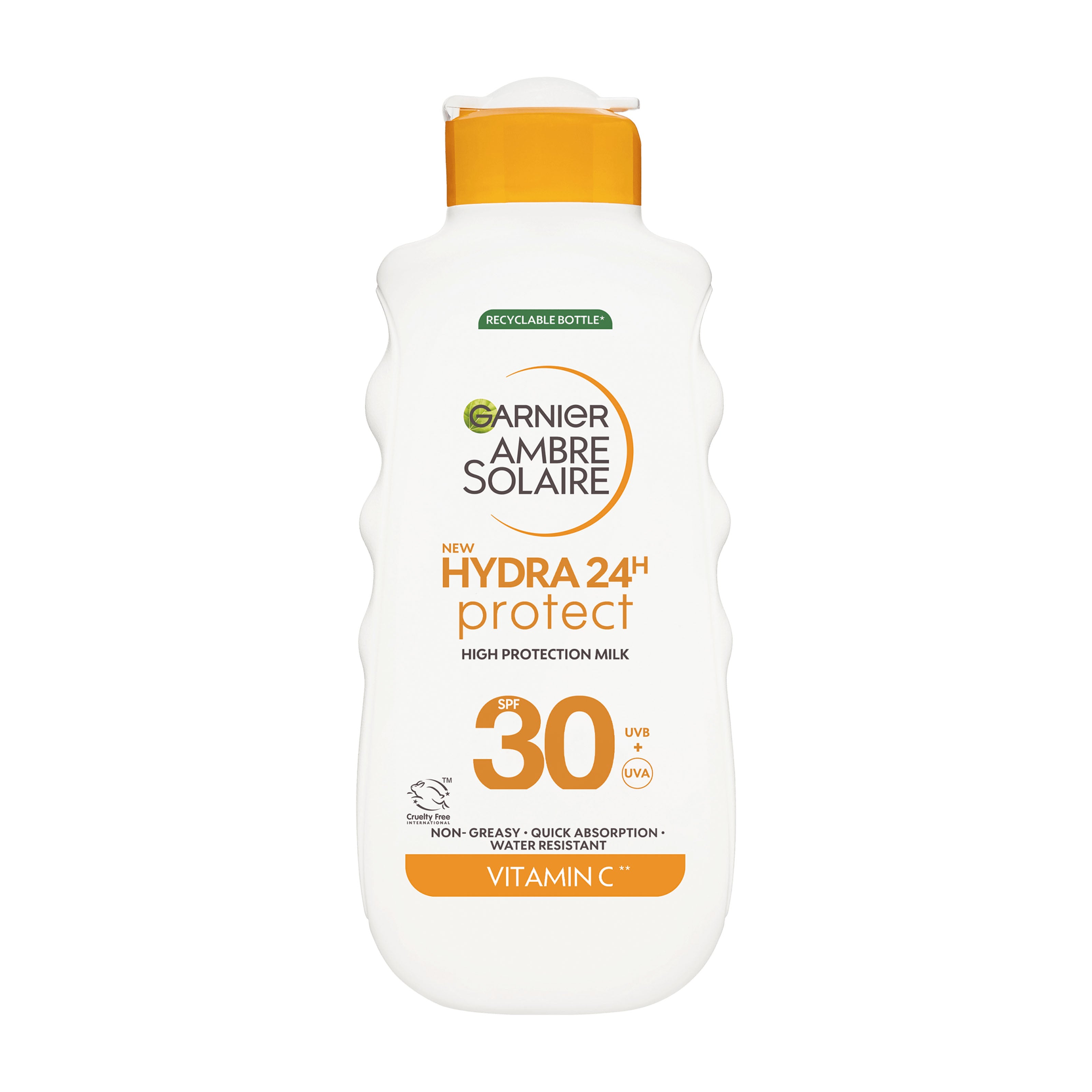 Garnier Ambre Solaire Hydra 24h Protect SPF30 sunscreen bottle on a white background