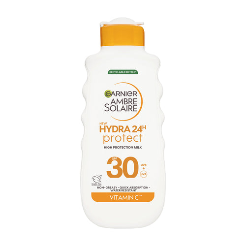 Garnier Ambre Solaire Hydra 24h Protect SPF30 sunscreen bottle on a white background