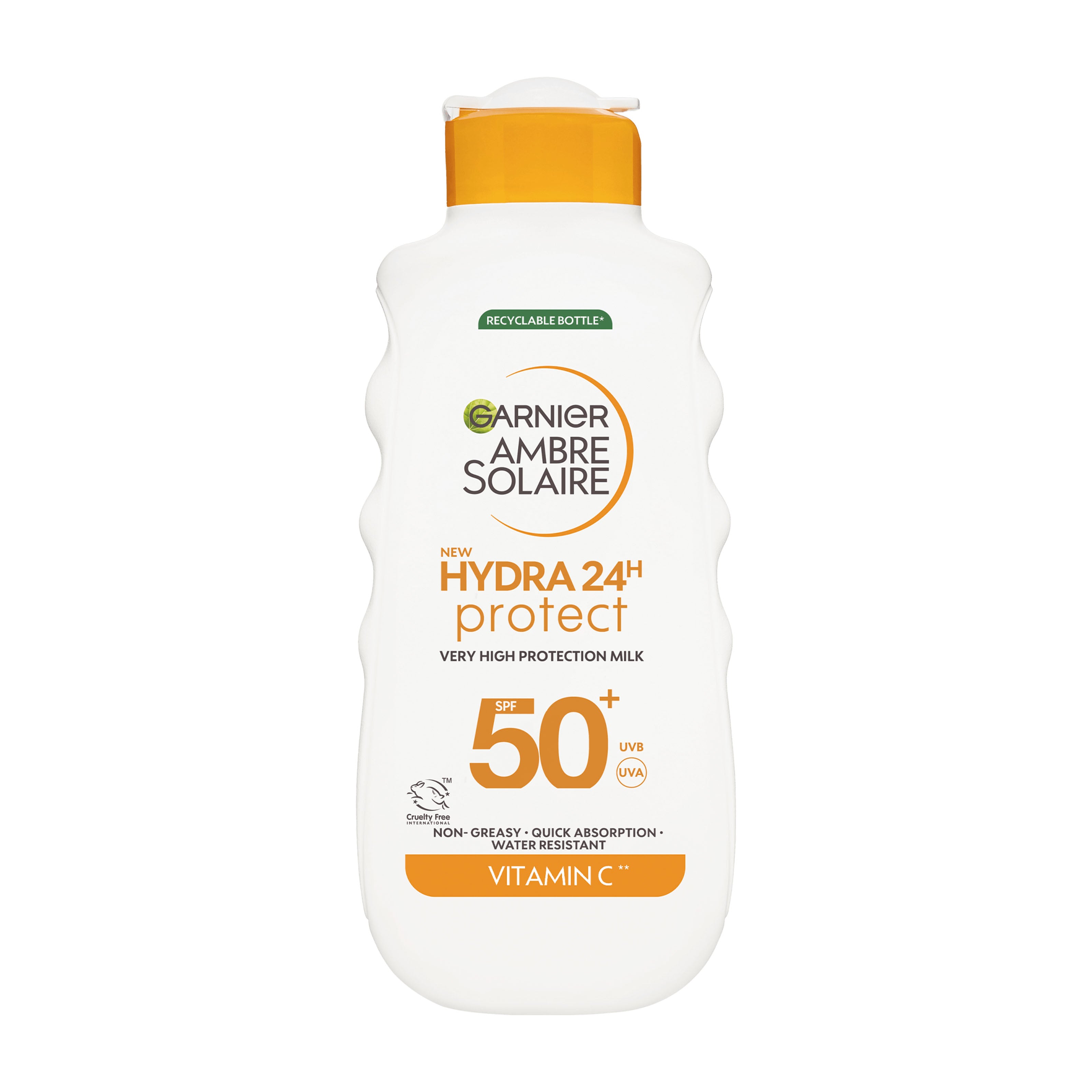 Garnier Ambre Solaire Hydra 24h Protect SPF50+ sunscreen bottle on a white background