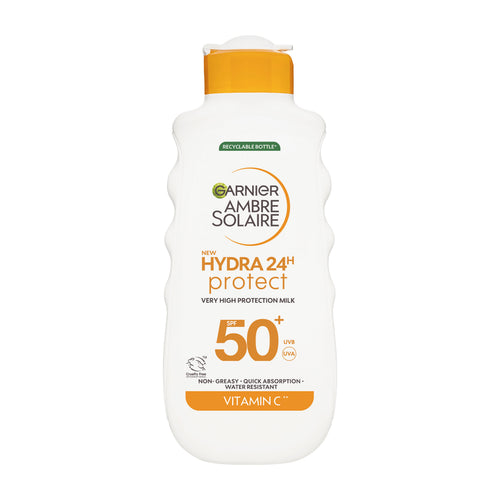 Garnier Ambre Solaire Hydra 24h Protect SPF50+ sunscreen bottle on a white background