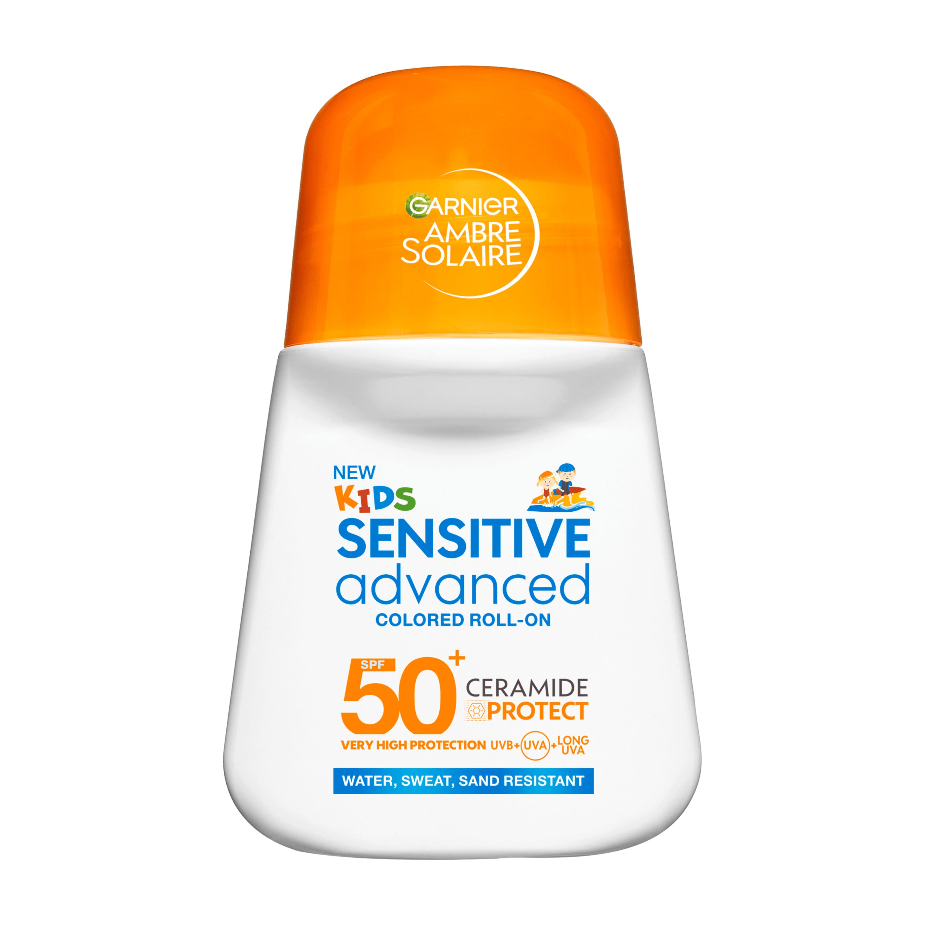 Garnier Ambre Solaire Kids Sensitive Advanced SPF50+ colored roll-on on a white background