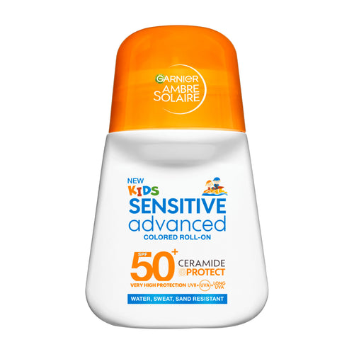 Garnier Ambre Solaire Kids Sensitive Advanced SPF50+ colored roll-on on a white background