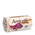 Packaging of Amicelli Hazelnut Cream Wafer Rolls, showing the product name, brand, and a hazelnut cream filling, with a design that includes chocolate elements and decorative patterns.