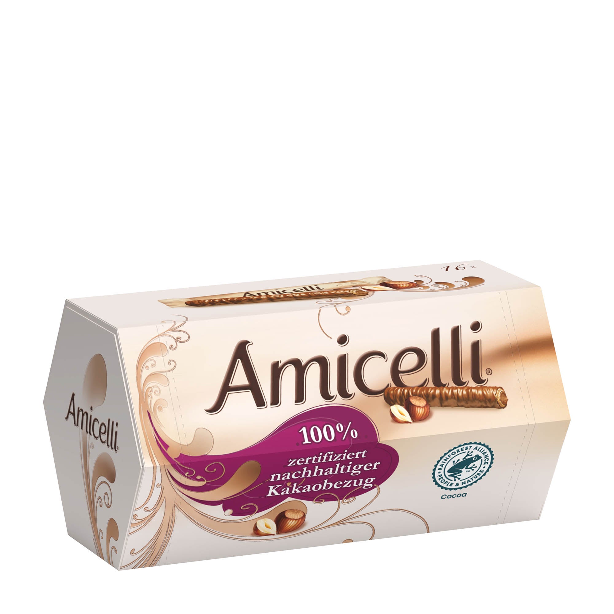 Packaging of Amicelli Hazelnut Cream Wafer Rolls, showing the product name, brand, and a hazelnut cream filling, with a design that includes chocolate elements and decorative patterns.