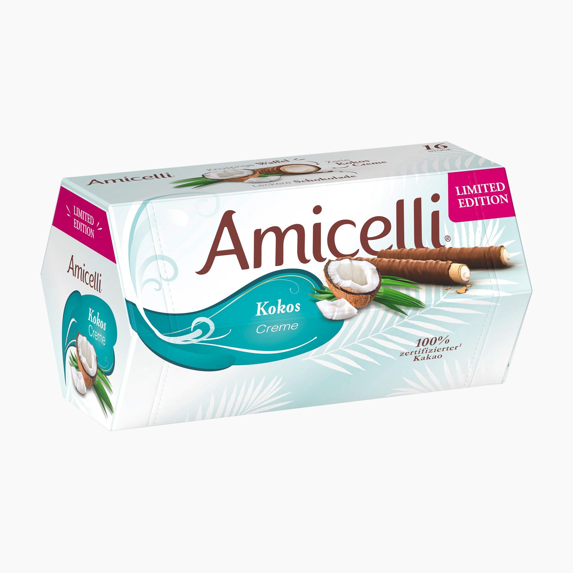 A box of Amicelli Coconut Cream chocolate covered wafer rolls, Limited Edition, featuring a white and teal design with illustrations of coconuts and chocolate wafer sticks.